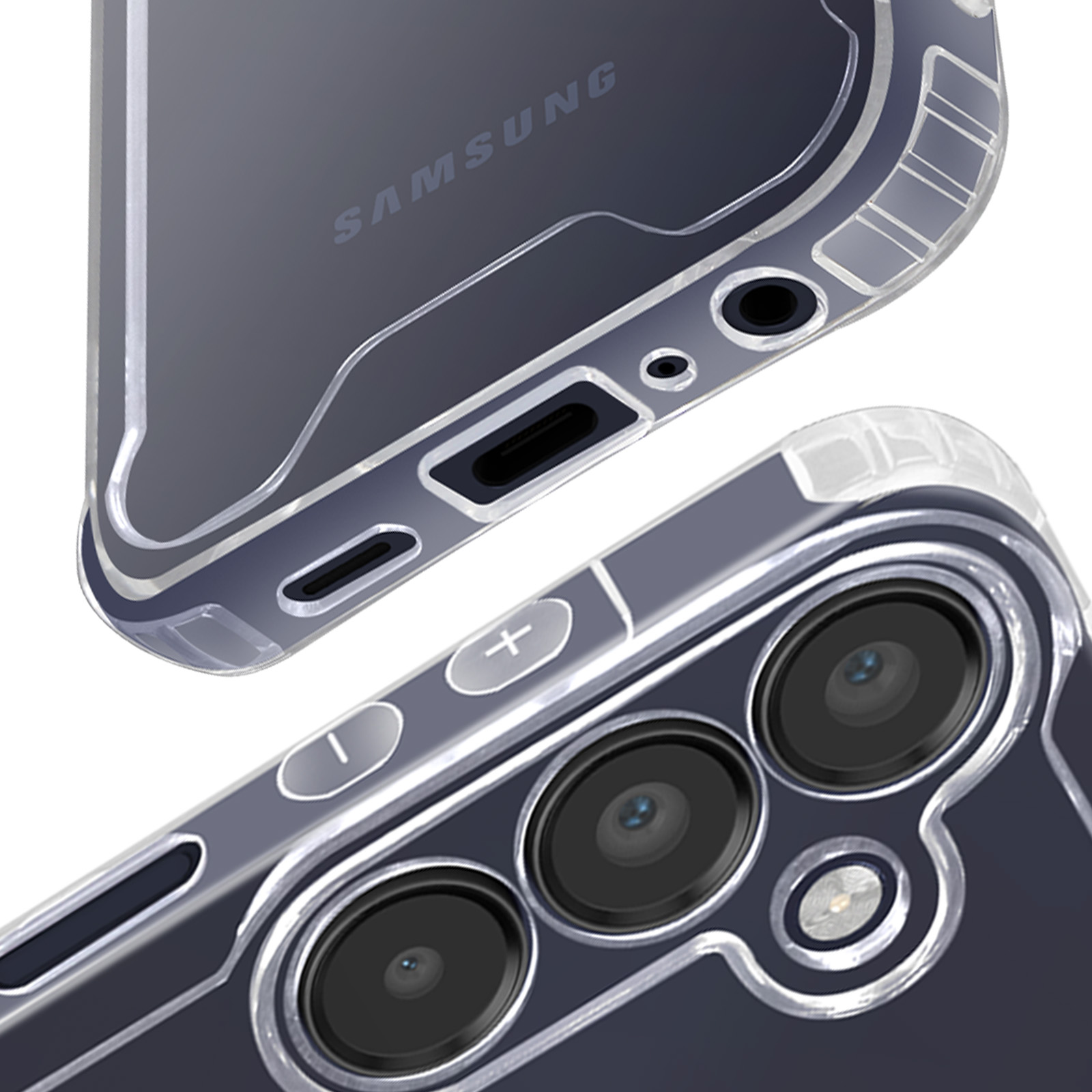 Gros plan d'une coque transparente pour téléphone Samsung. Montre les boutons et la caméra.