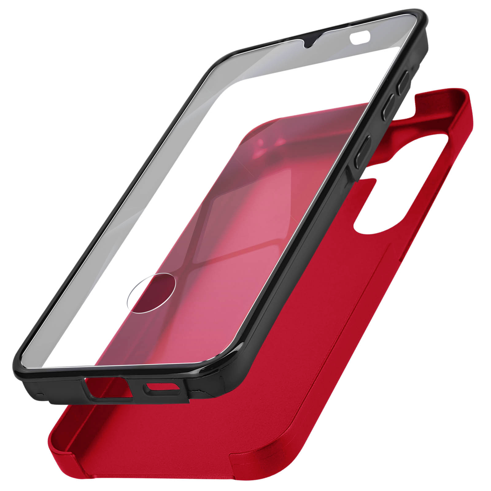Vista esplosa di una custodia per telefono, base rossa e custodia superiore trasparente.