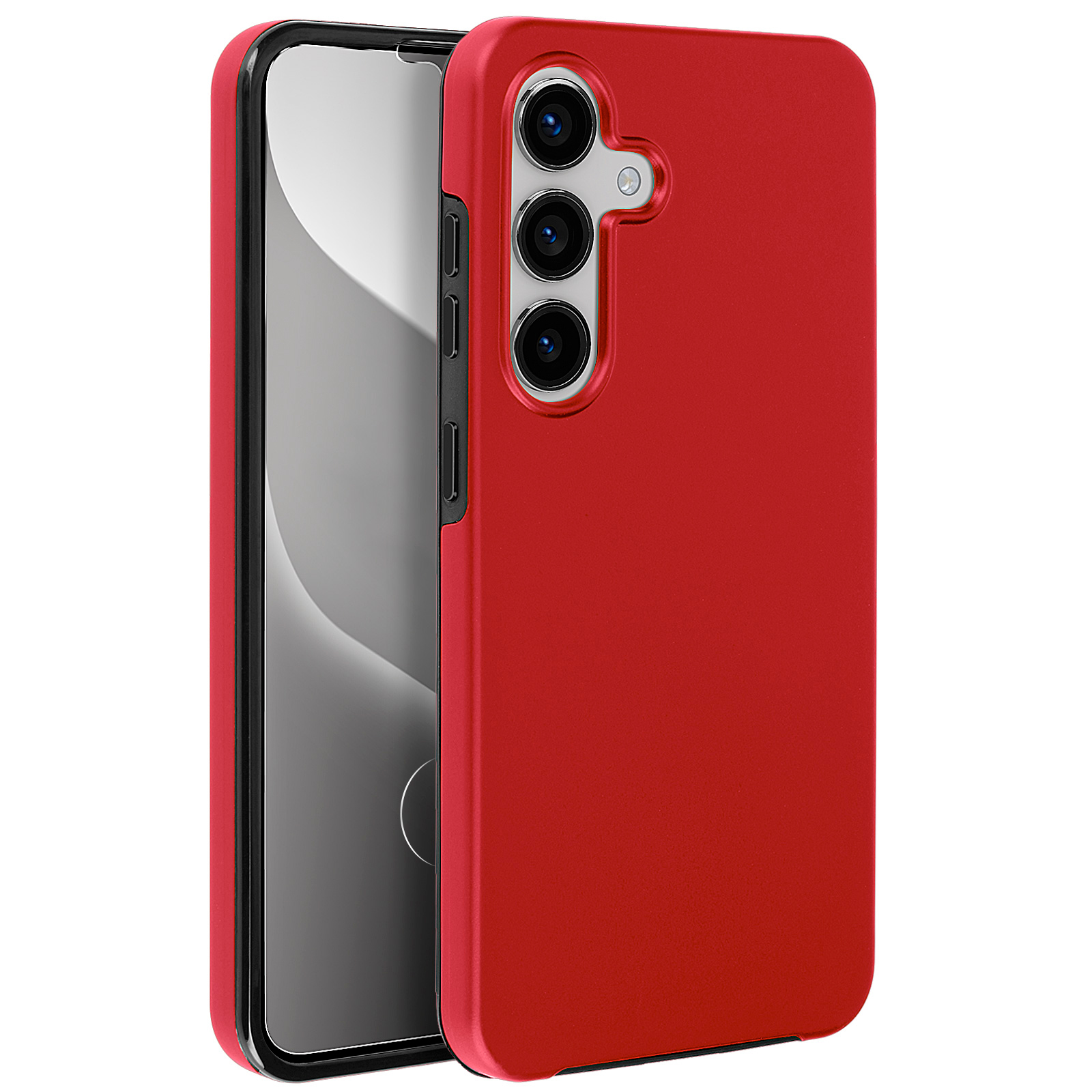 Custodia rossa su sfondo bianco. Telefono dentro la custodia. Fotocamera nera e pulsanti laterali.