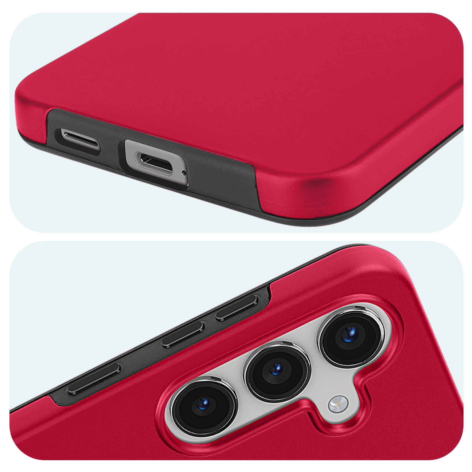 Primi piani di una custodia rossa per telefono. Dettagli della porta di ricarica e della configurazione della fotocamera.