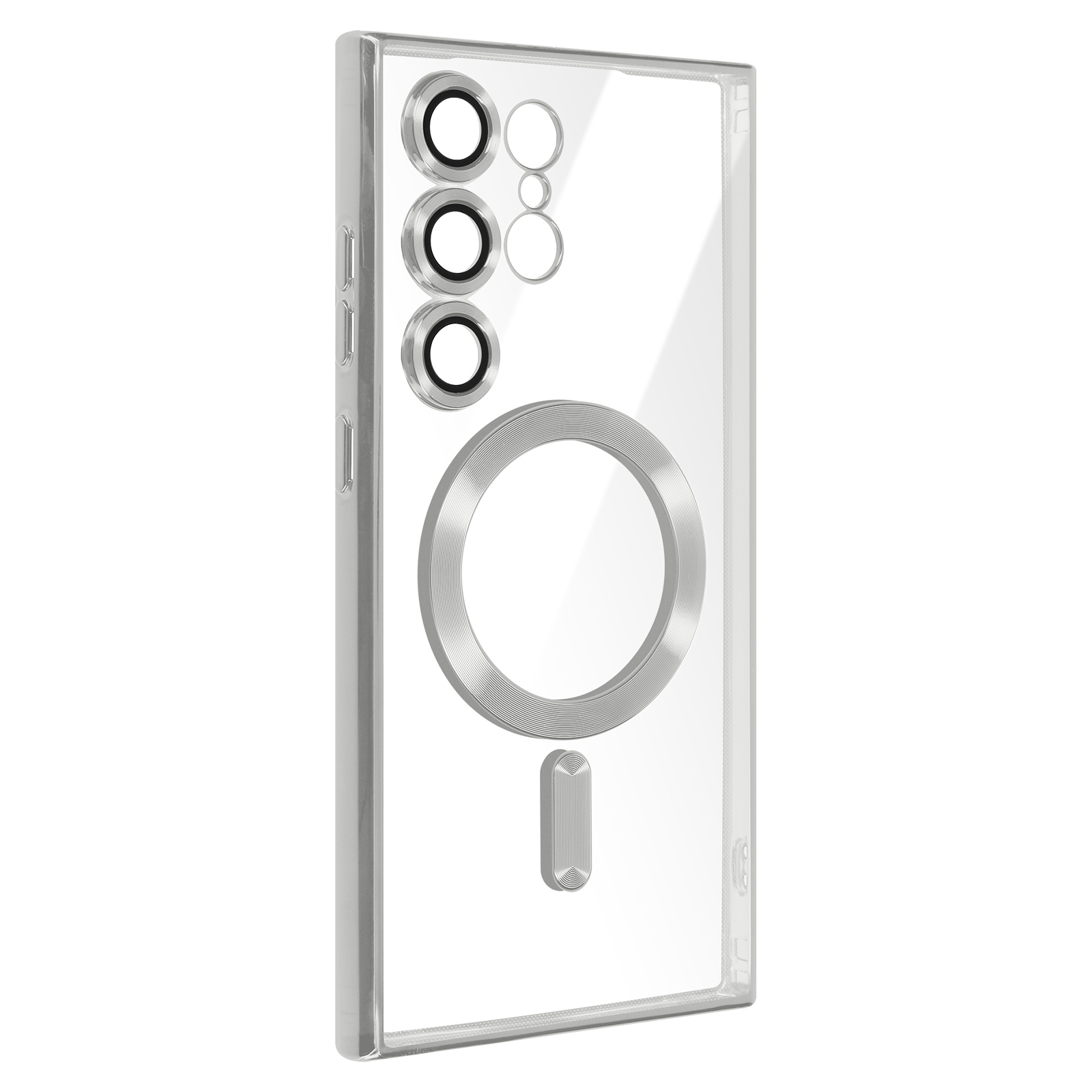 Custodia trasparente per telefono con ritagli per fotocamera e magsafe. Sfondo bianco.
