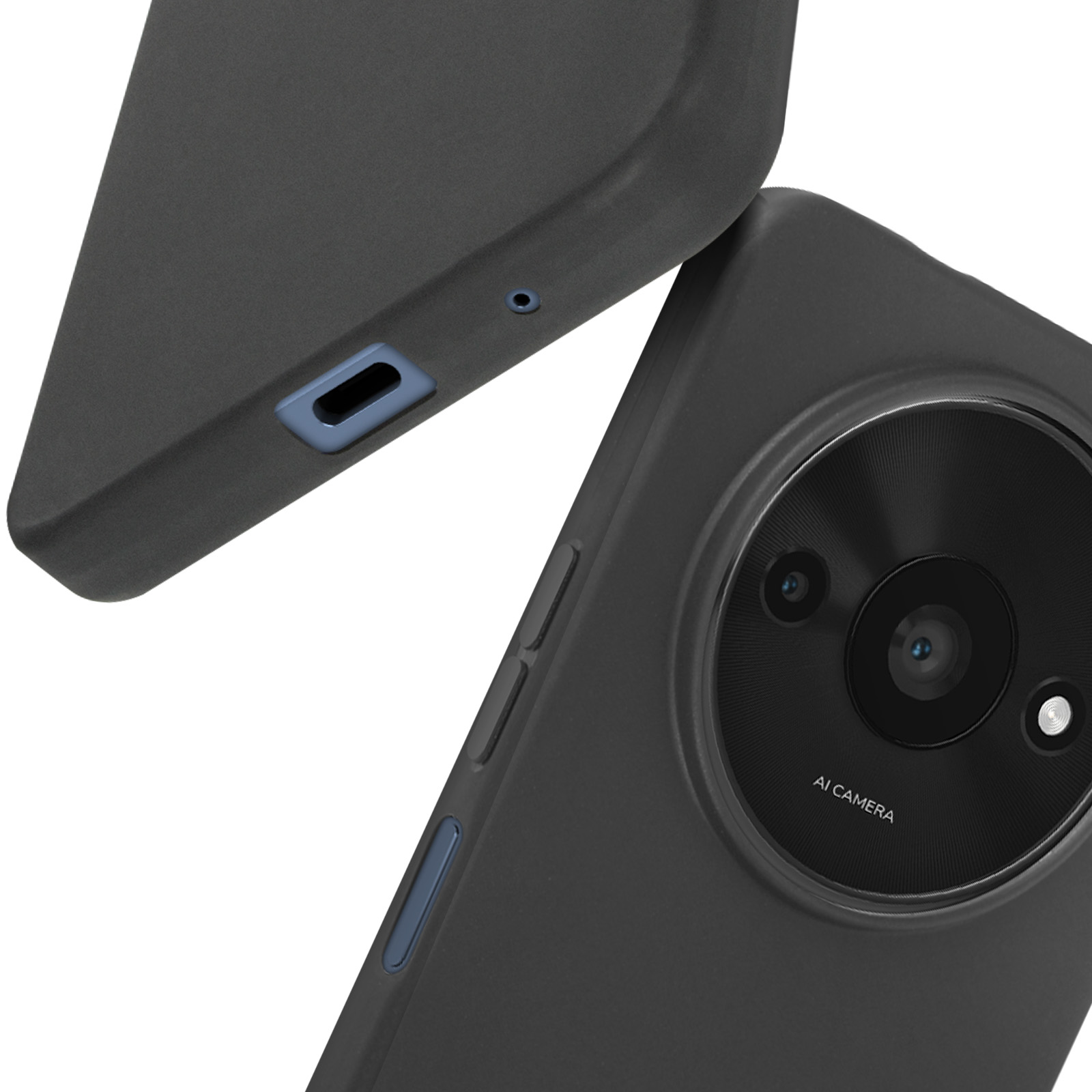 Primo piano di due custodie grigie per telefono. Una capovolta, che mostra il modulo fotocamera.