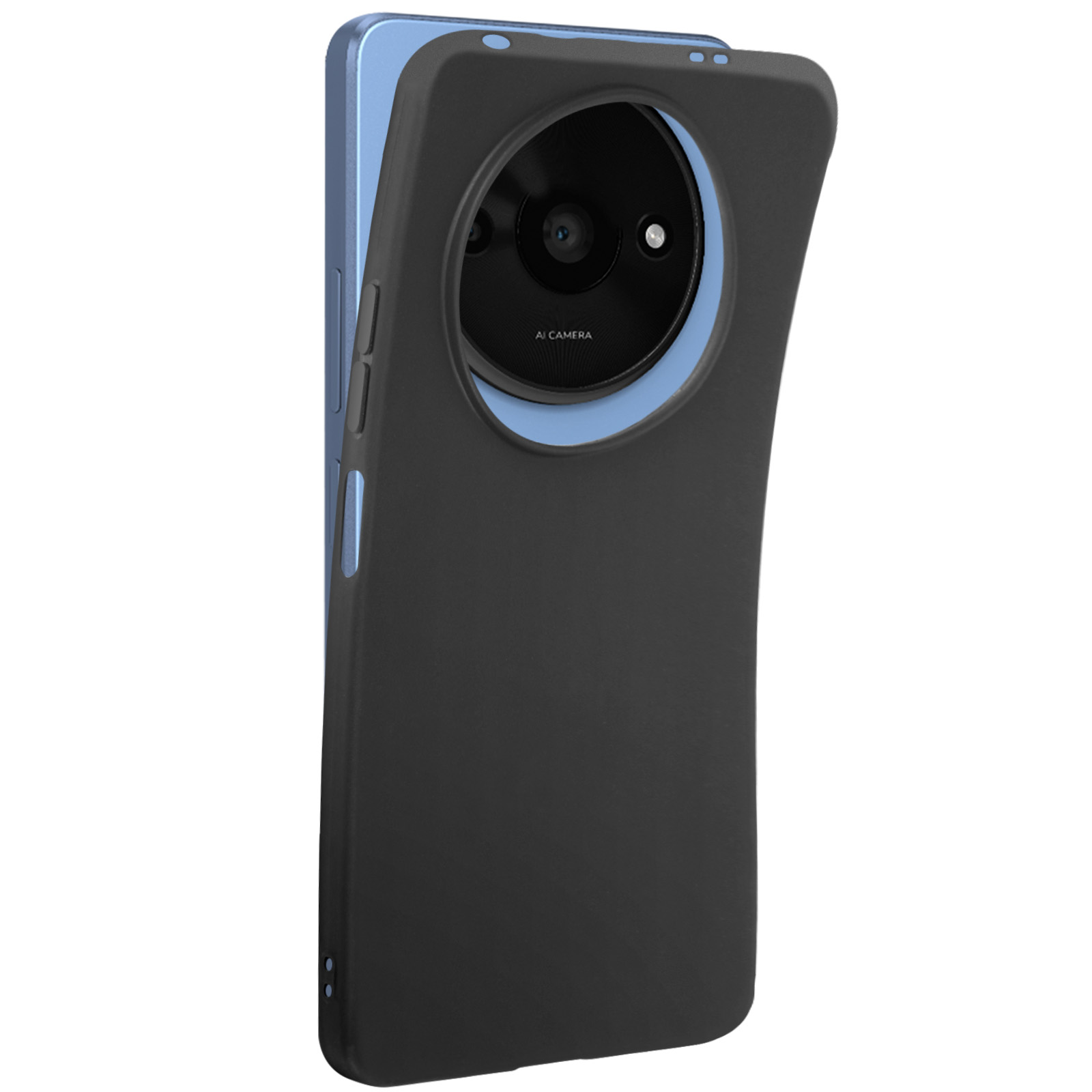 Custodia nera per telefono con telefono all'interno, la fotocamera è visibile. Sfondo bianco.