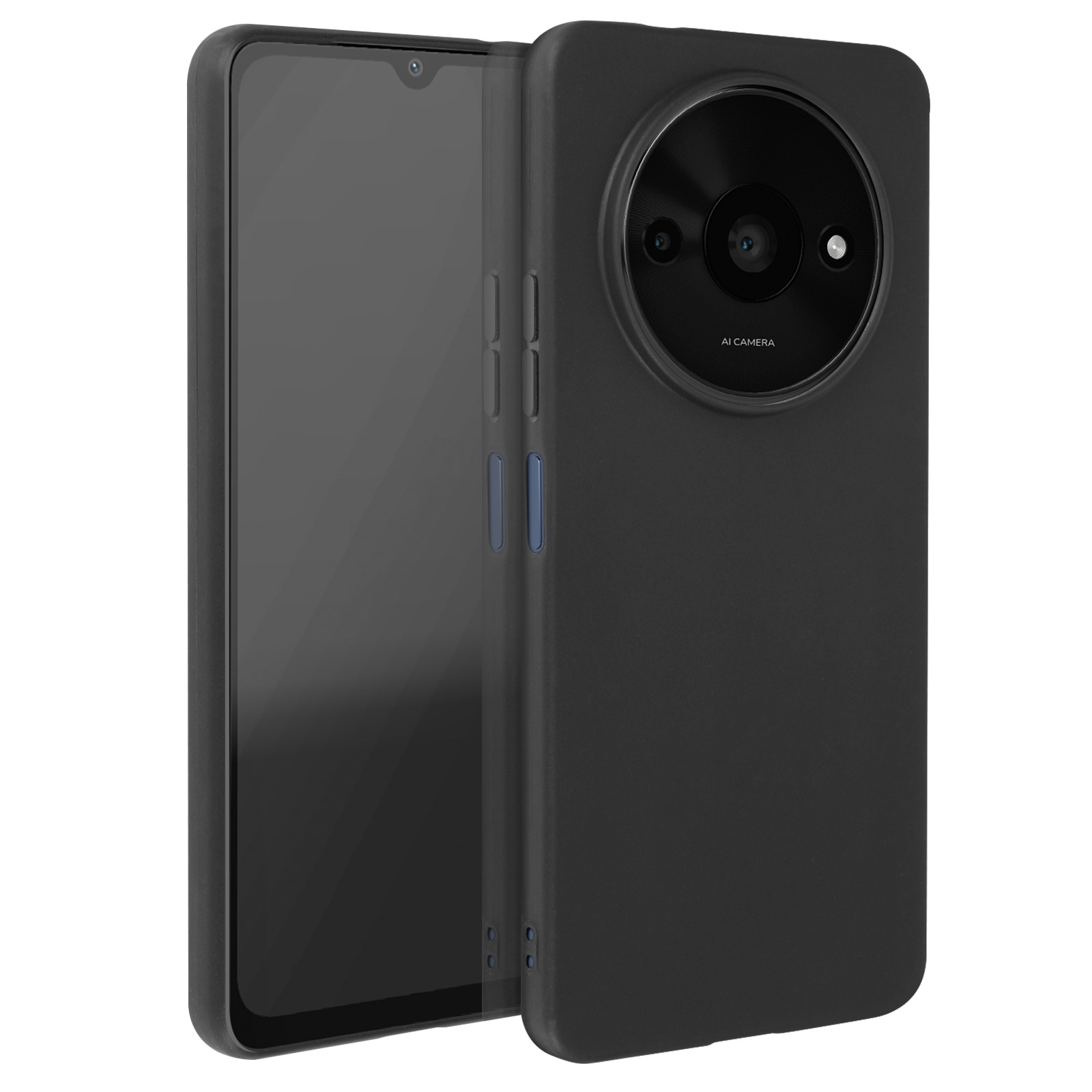 Custodia nera con telefono all'interno. Telefono con grande obiettivo. Sfondo nero.
