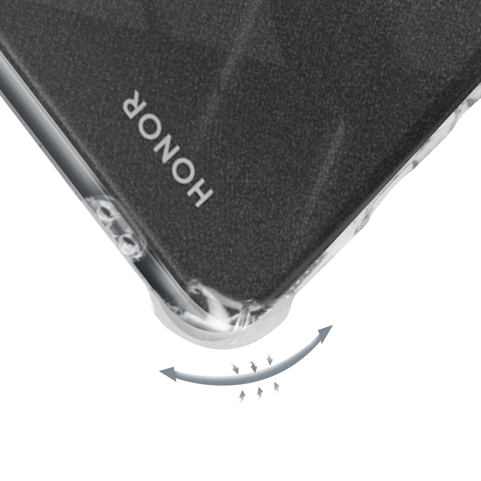 Angolo della custodia del telefono nero con testo 'HONOR'. La custodia ha uno strato protettivo trasparente.