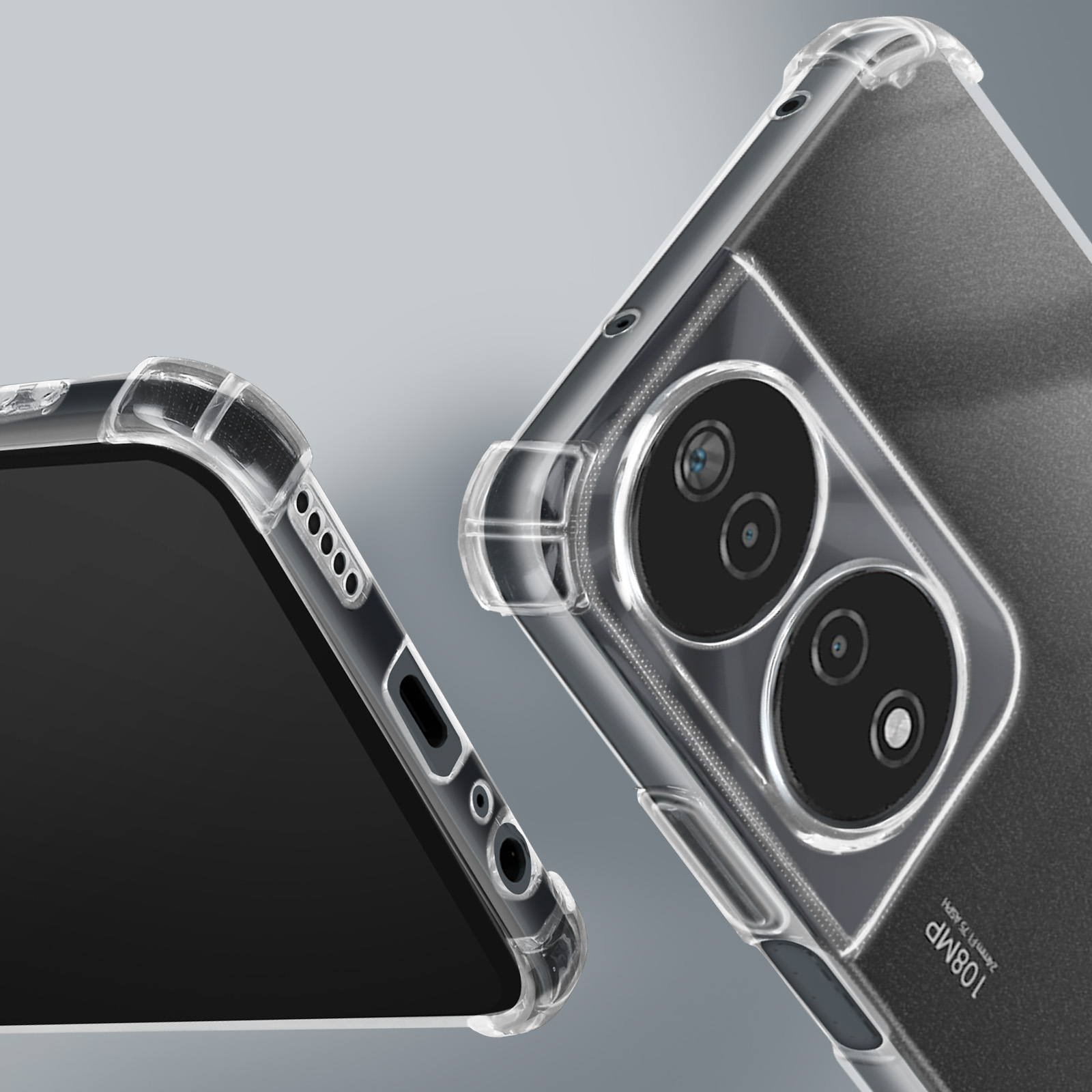 Un telefono e una custodia trasparente, che mostrano le fotocamere del telefono. La custodia è parzialmente sul telefono.
