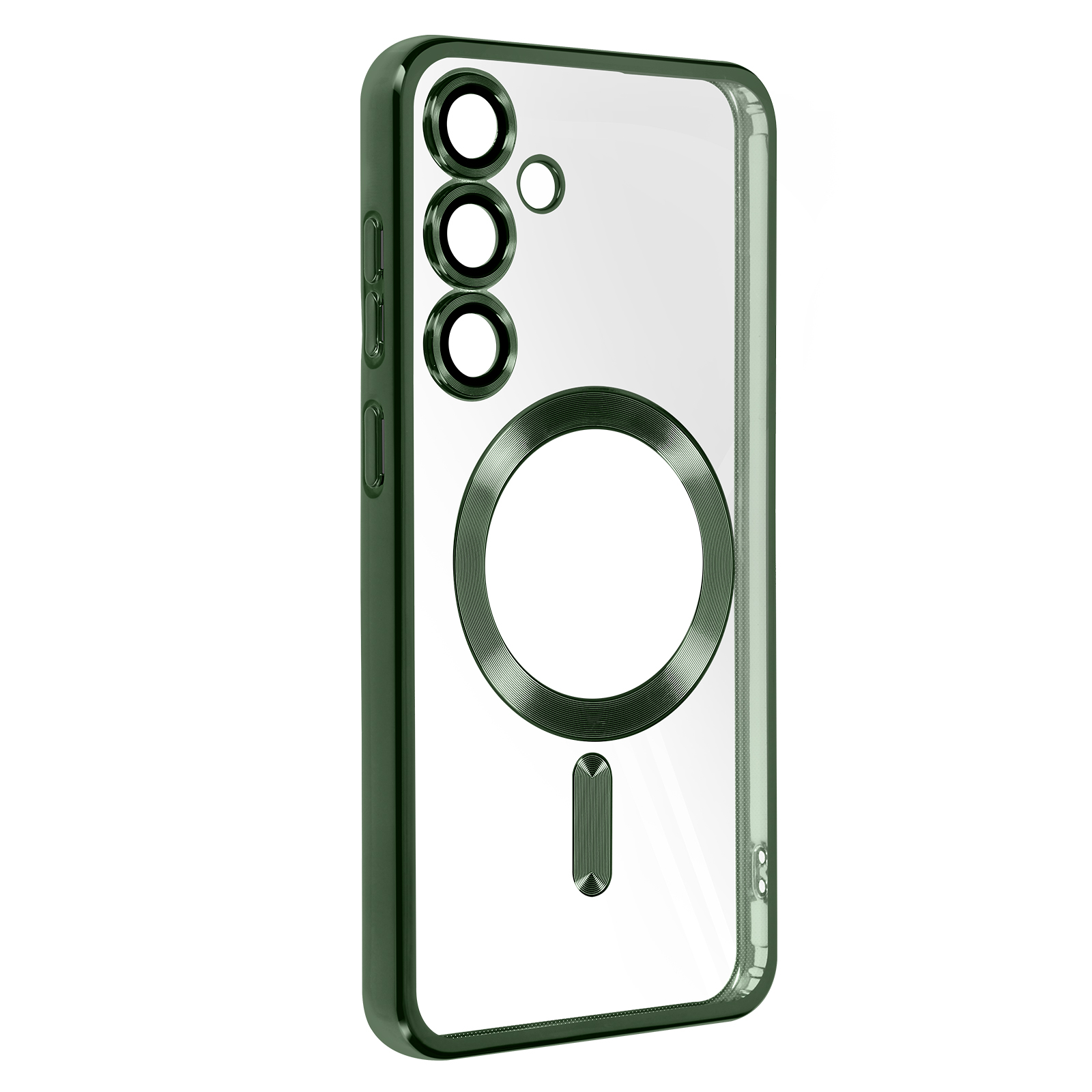 Custodia verde, retro trasparente, tre obiettivi della fotocamera.