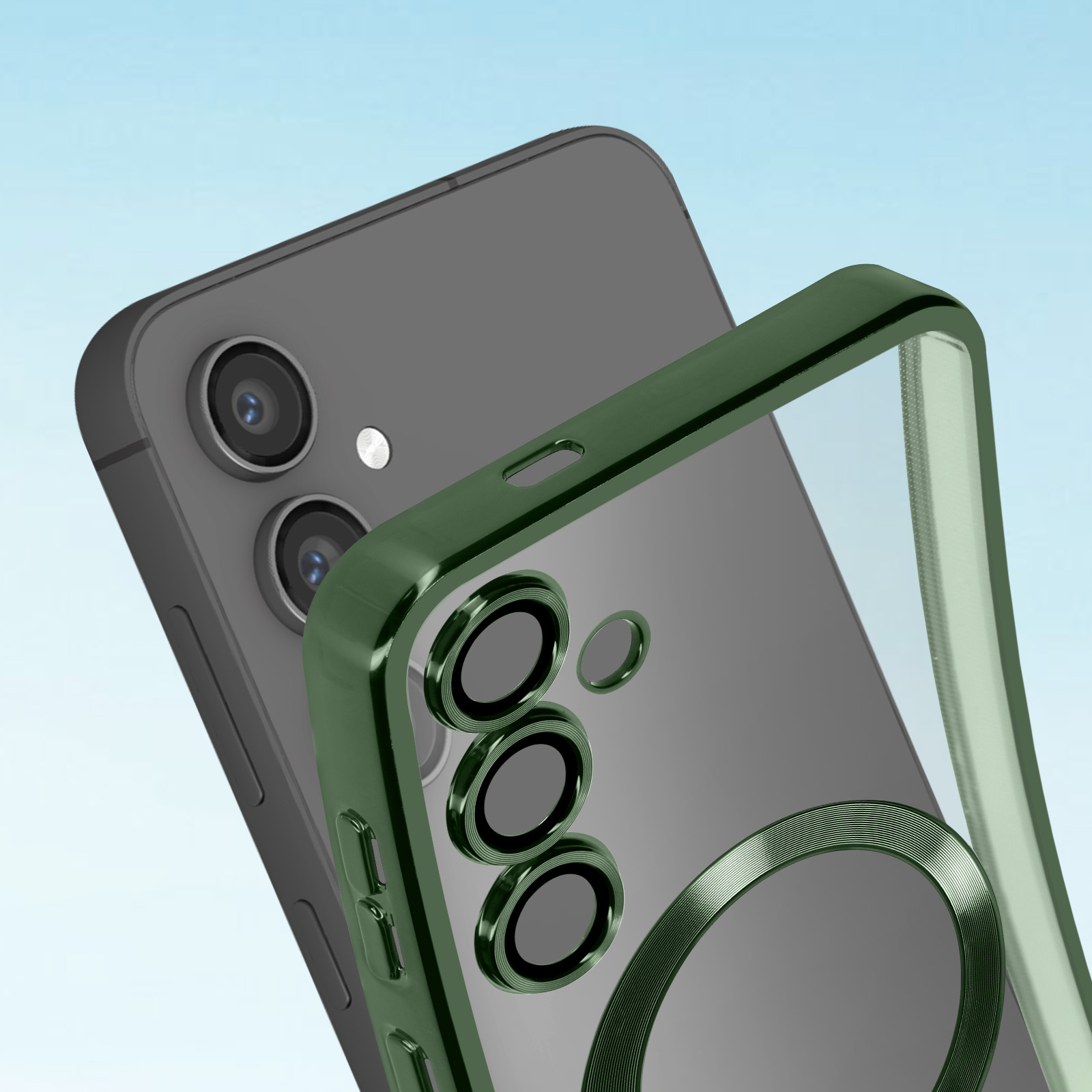 Un telefono con una custodia con cornice verde, con cielo azzurro sullo sfondo.
