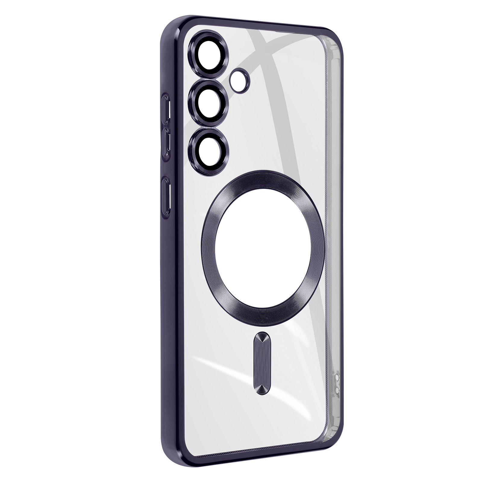 Custodia per telefono blu scuro con retro trasparente e cornice nera. Cerchio per MagSafe.