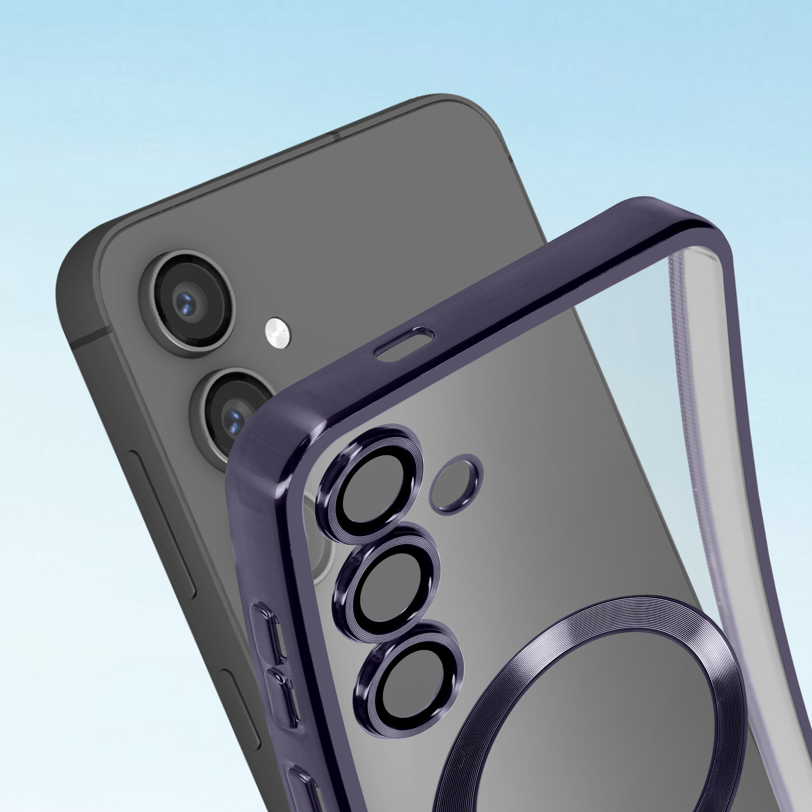 Custodia per telefono con cornice blu scuro e retro trasparente.