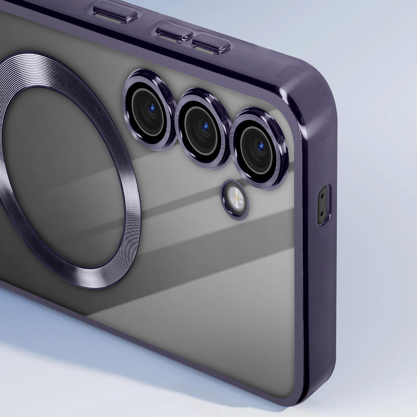 Un telefono con custodia viola. La fotocamera è sul retro. La custodia ha un anello magnetico.