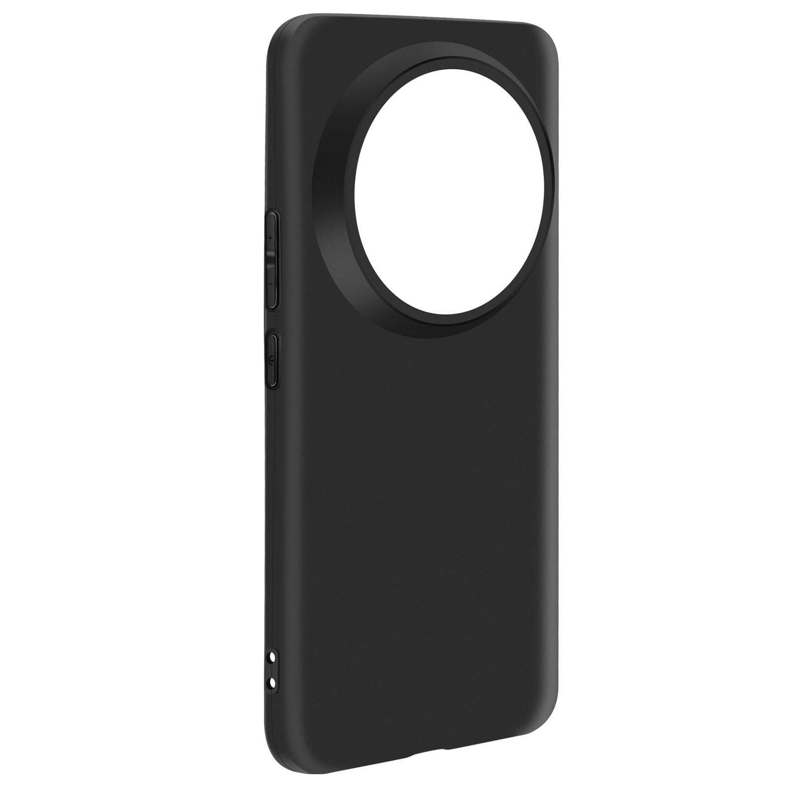 Custodia nera per telefono con un'ampia apertura circolare per la fotocamera. Pulsanti laterali visibili, sfondo nero.