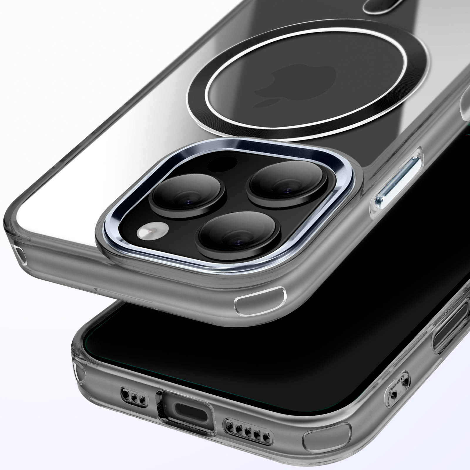 Custodia trasparente per telefono che mostra la parte posteriore, la fotocamera e l'anello di ricarica wireless.