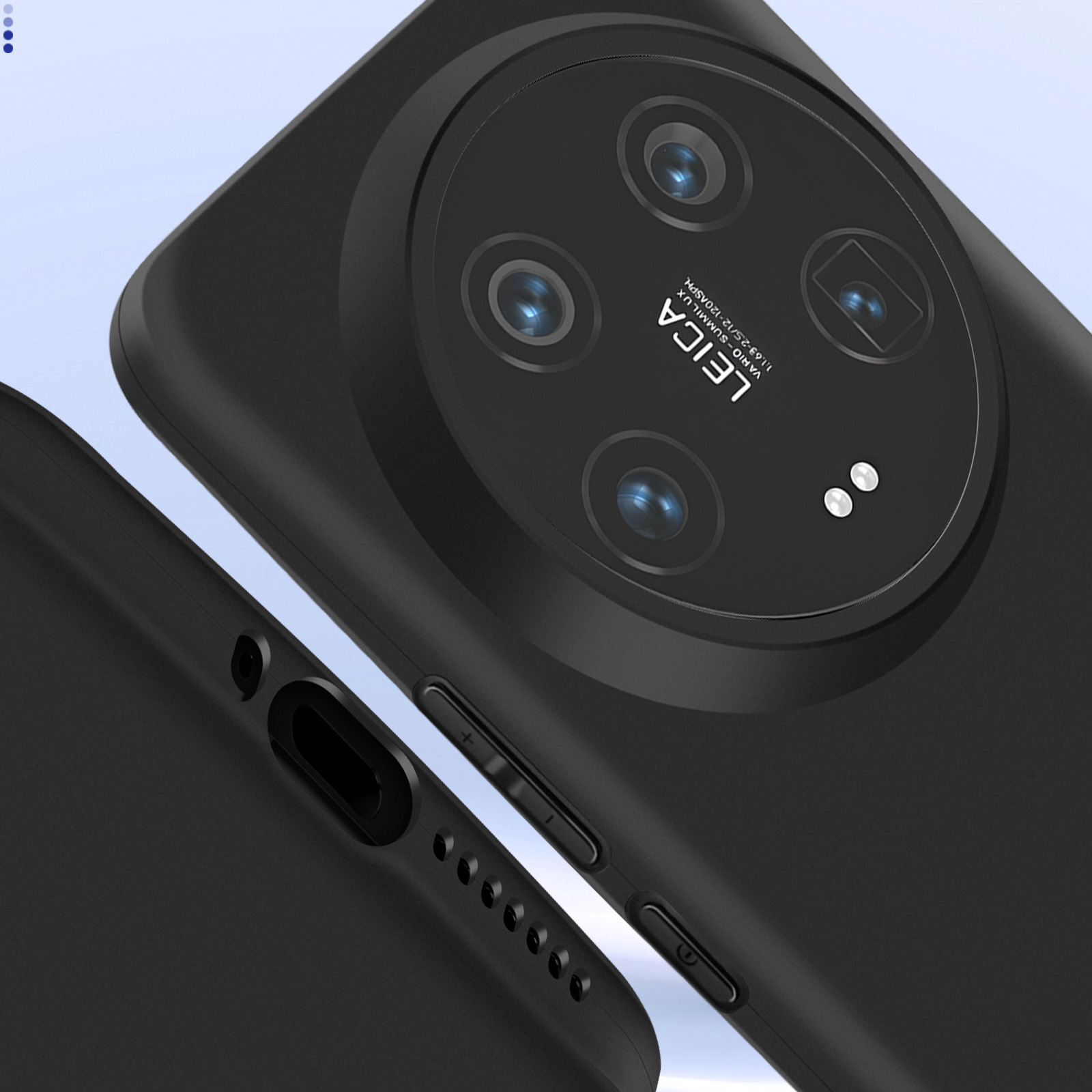 Custodia nera per telefono con più fotocamere, marchio Leica e pulsanti del telefono.