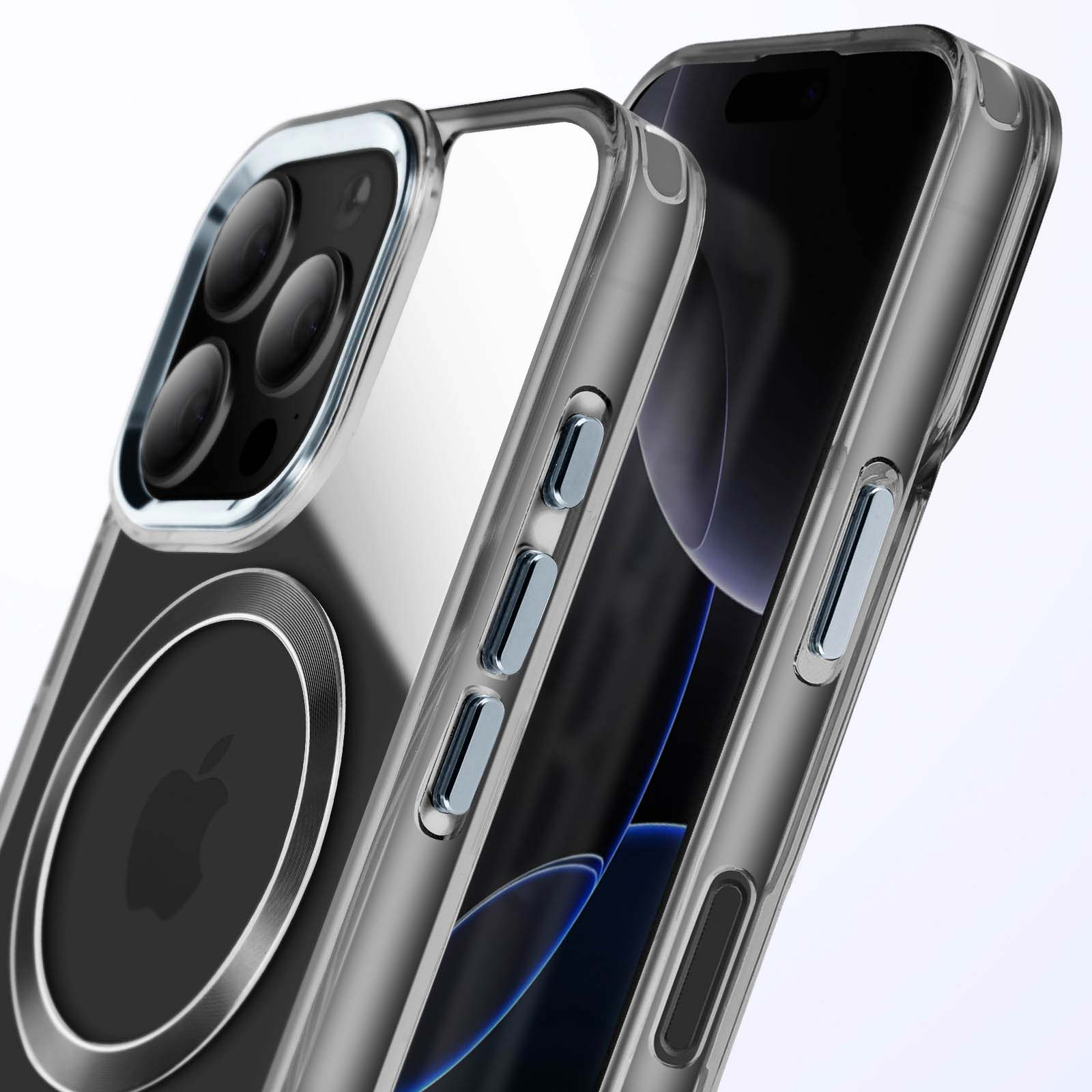 Telefono in una custodia trasparente con bordo argentato. Il logo Apple è visibile sul retro.