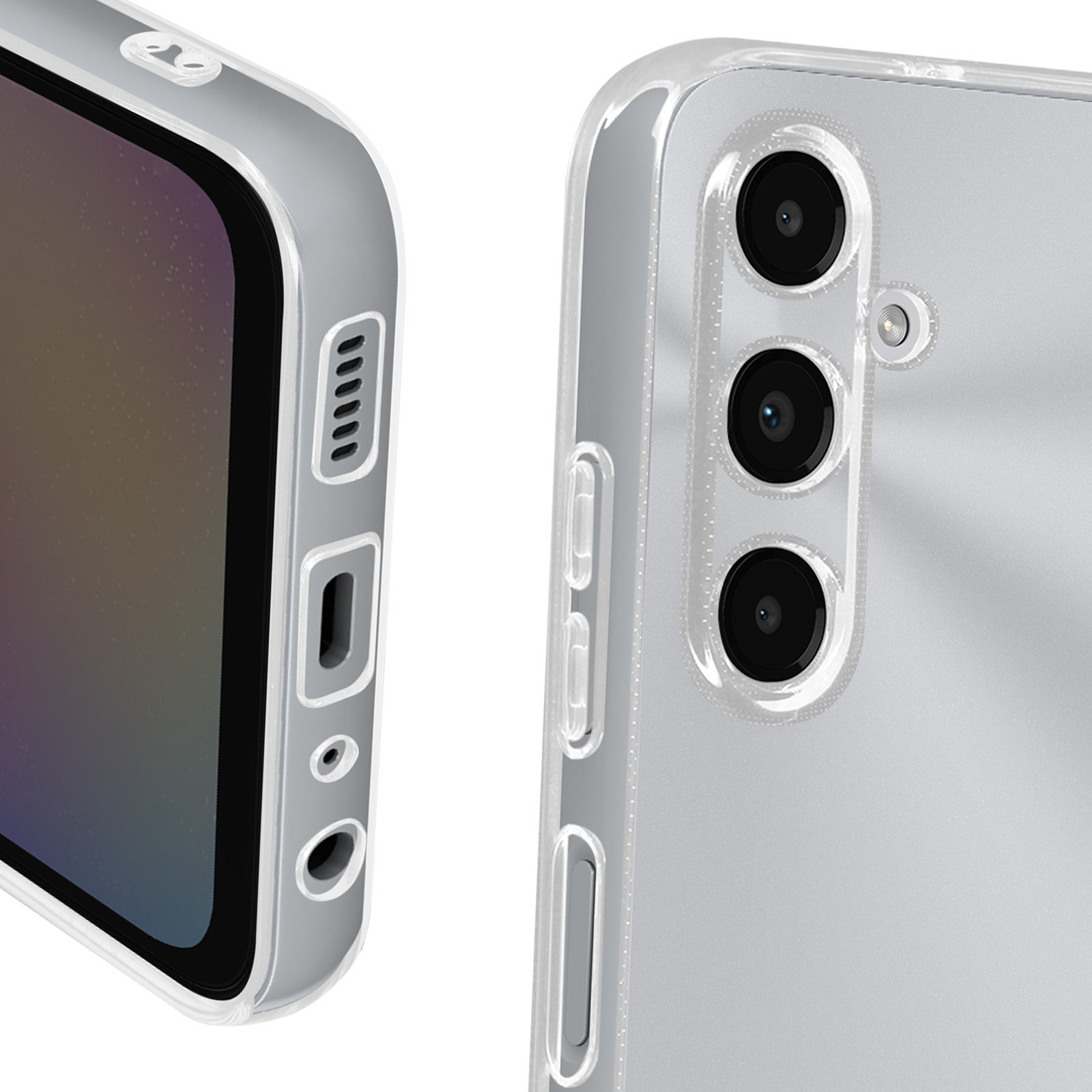 Primo piano di un telefono con custodia trasparente. Mostra porte e dettagli della fotocamera.