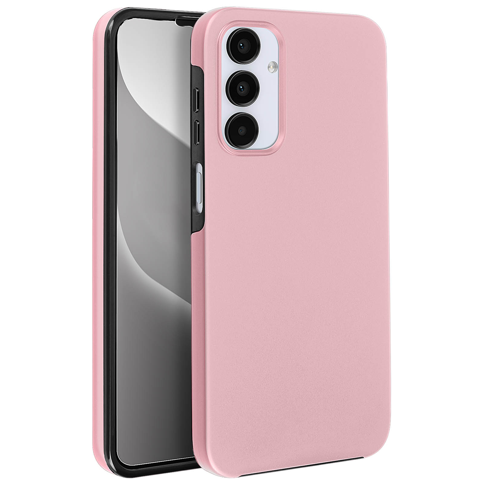 Custodia rosa per telefono con telefono all'interno. Il telefono ha tre fotocamere sul retro.