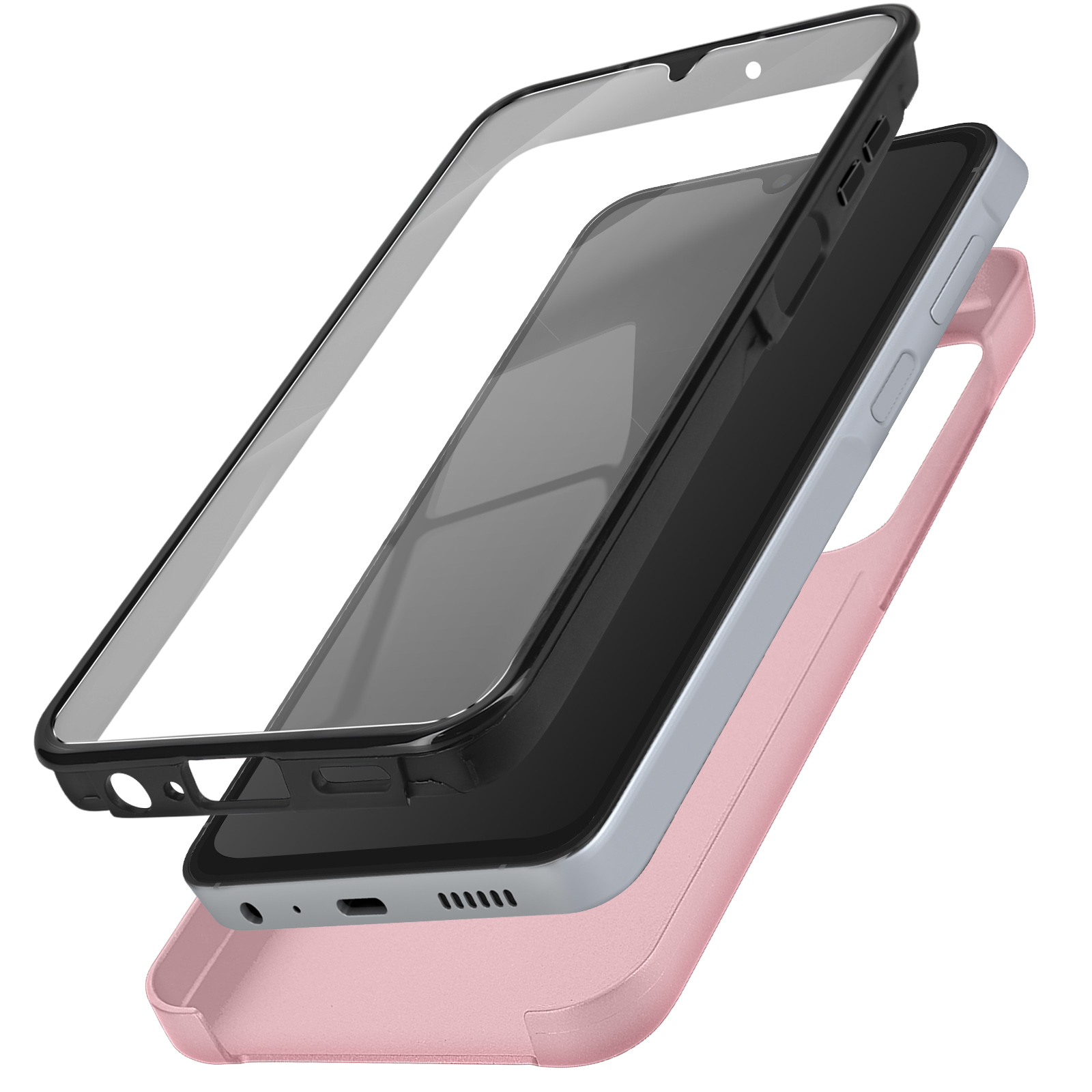 Componenti della custodia del telefono impilati. La custodia è rosa, con cornice nera e protezione schermo trasparente.
