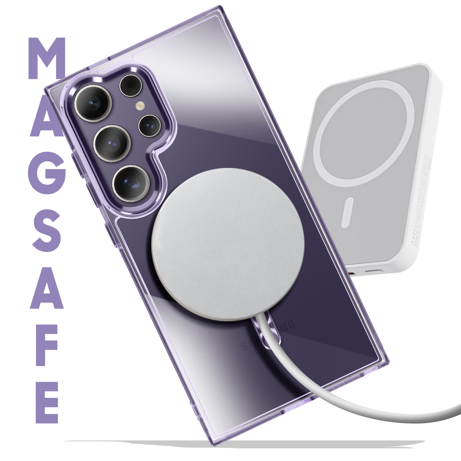 Telefono in custodia, MagSafe, caricatore bianco, testo viola, sfondo bianco.