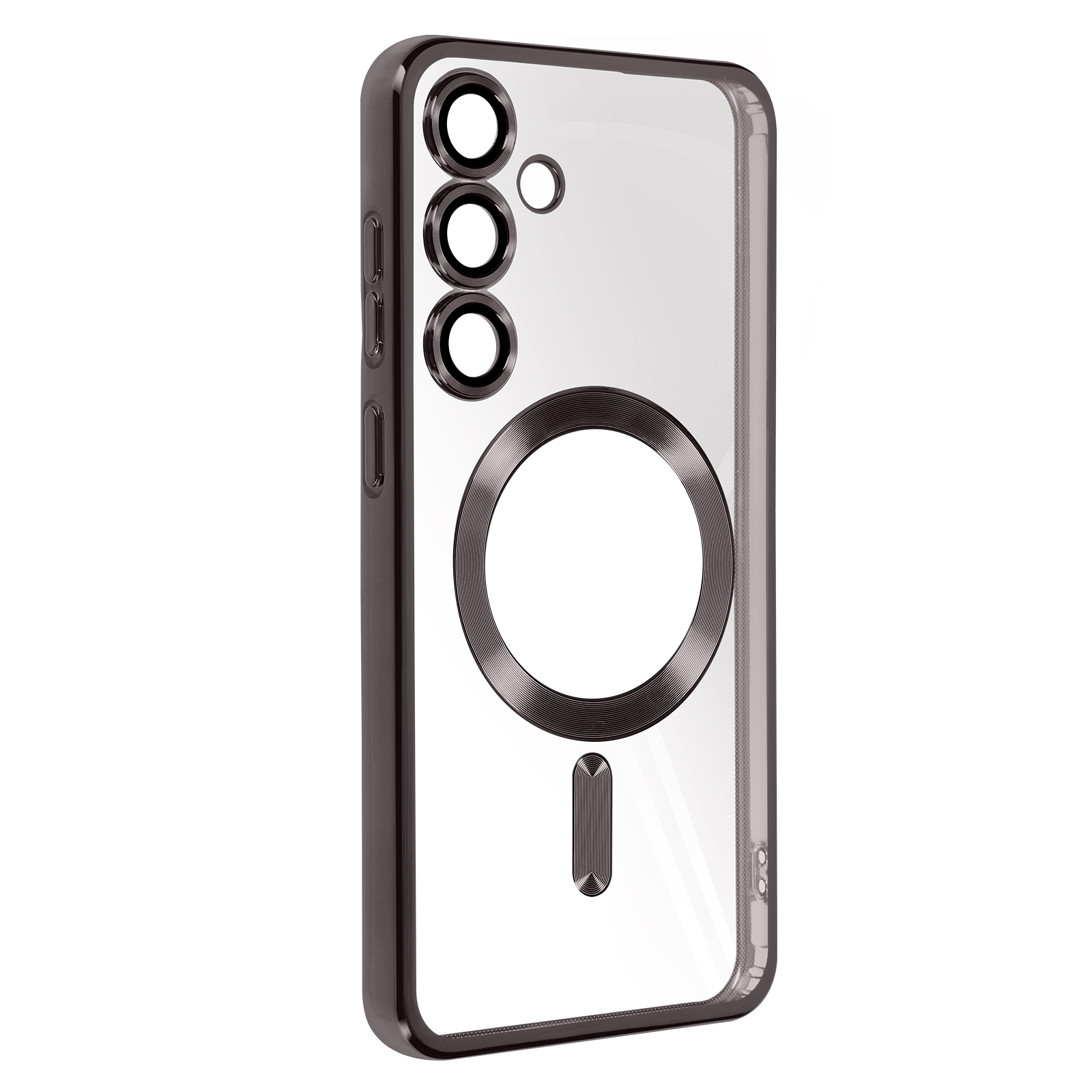 Custodia nera, retro trasparente con anello magnetico e tripla fotocamera.