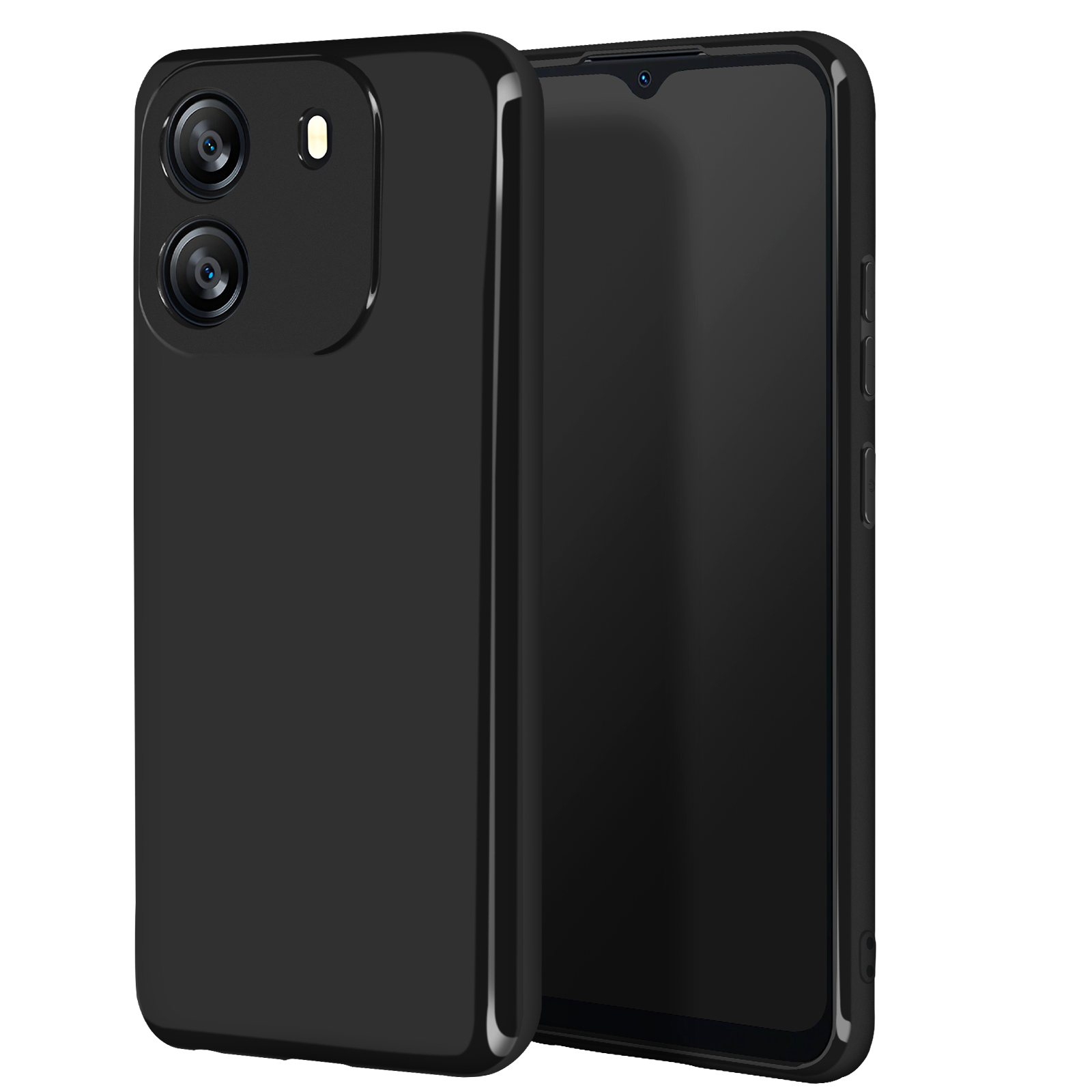 Custodia nera con modulo fotocamera sul retro e schermo del telefono sul davanti.