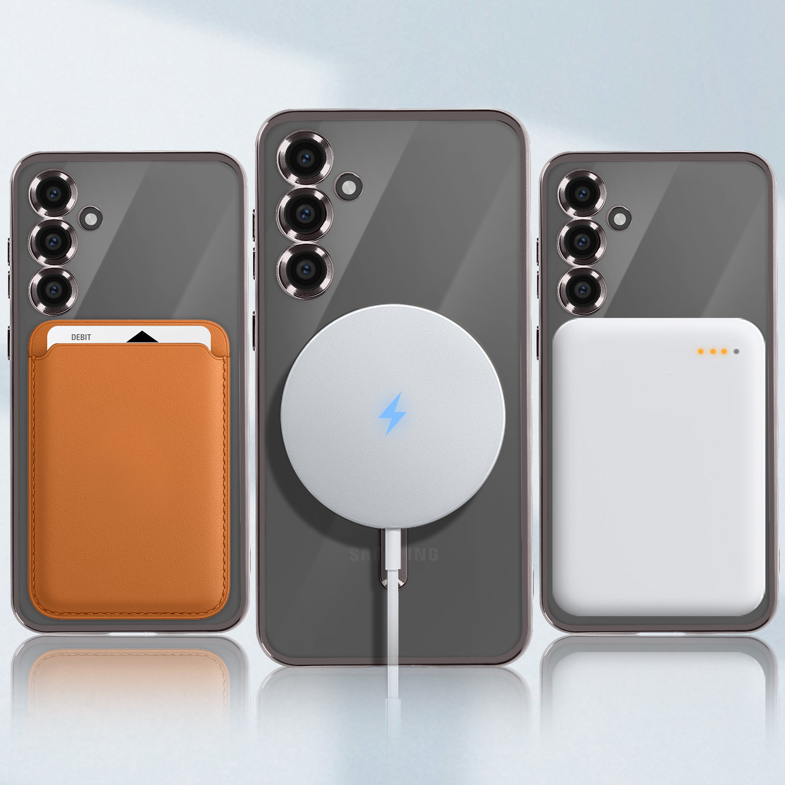 Tre telefoni, un portafoglio e un caricatore wireless, tutti con custodie trasparenti, su uno sfondo sfocato.