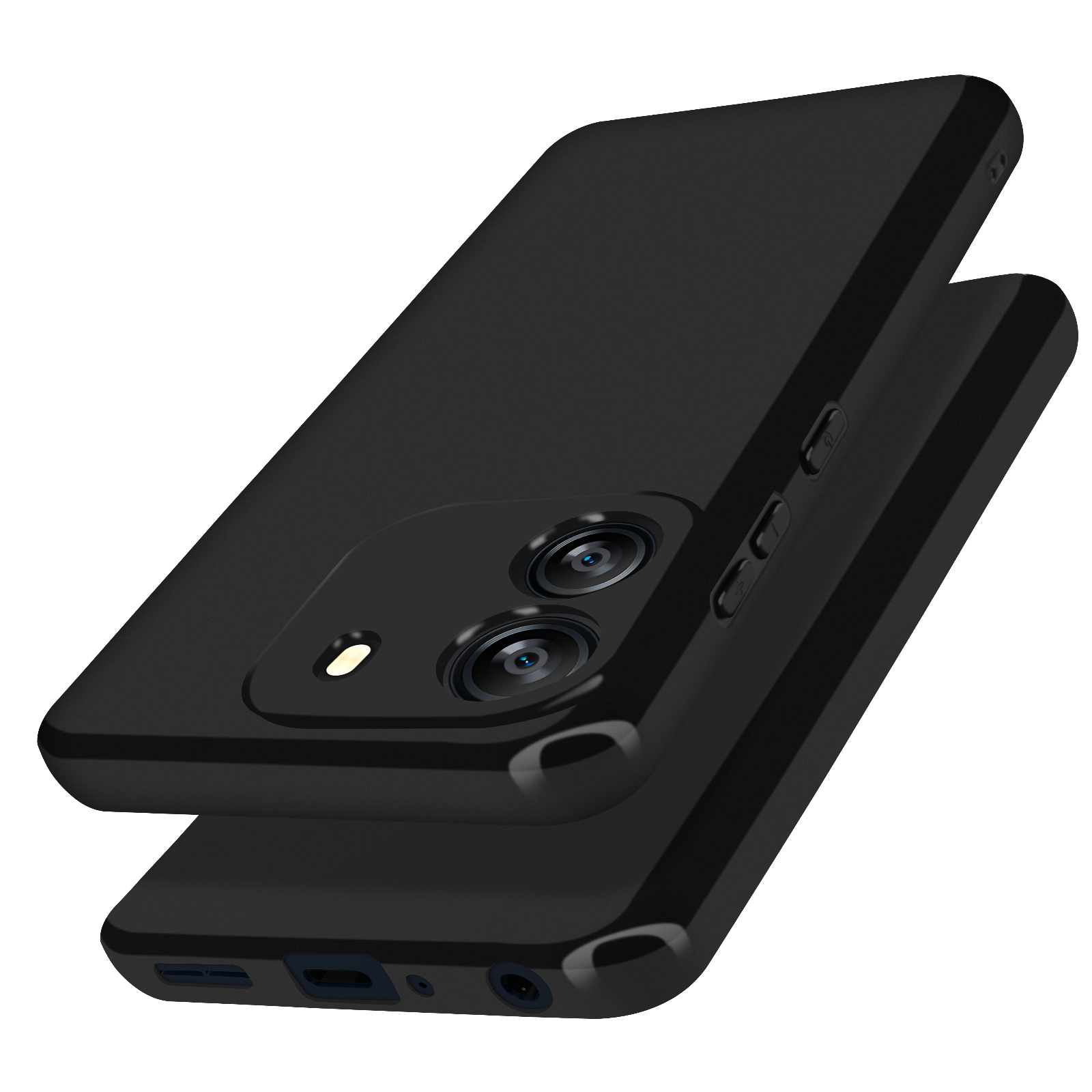 Due telefoni neri sovrapposti. Le lenti della fotocamera e i pulsanti sono visibili sul lato.