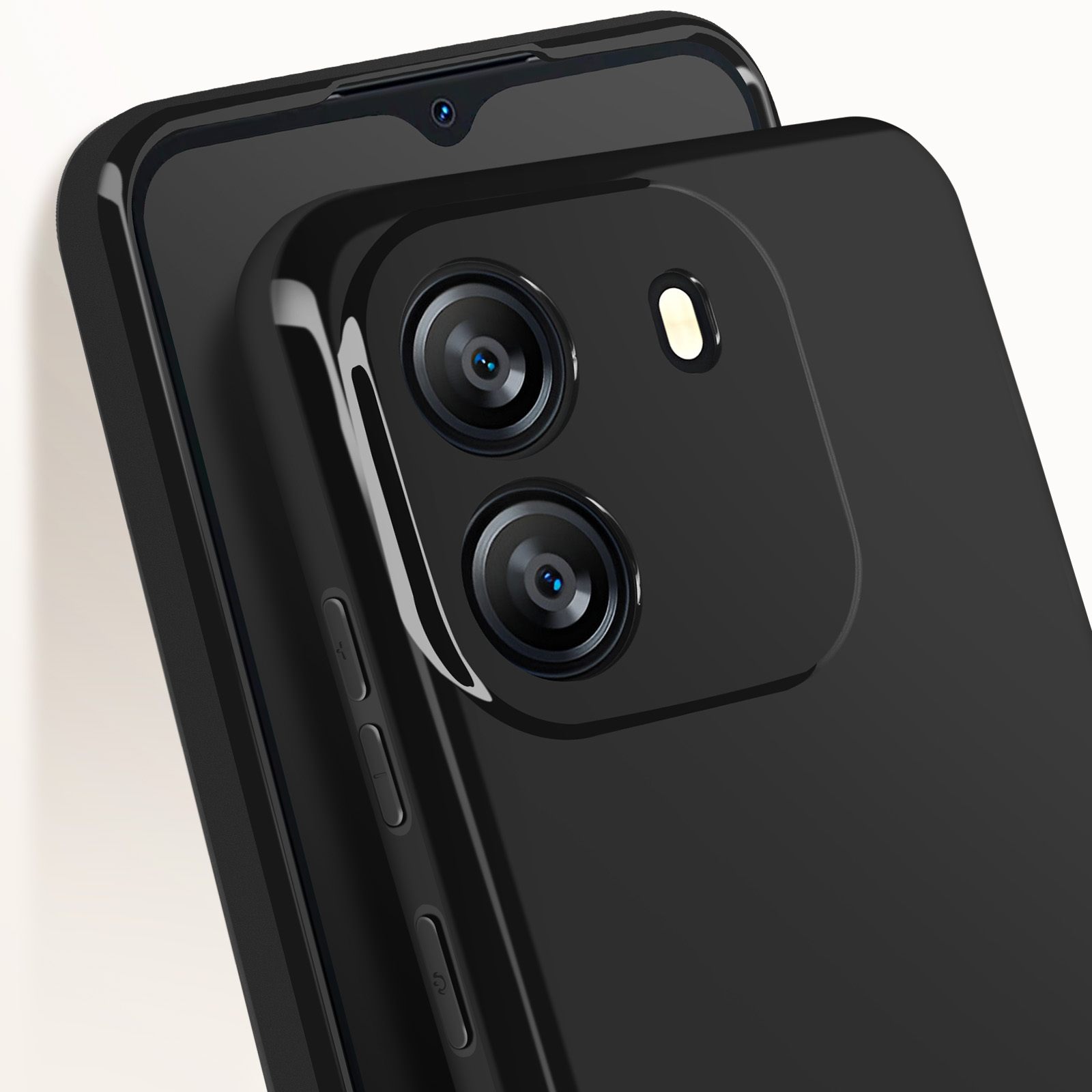 Primo piano di due telefoni neri, che mostrano fotocamere e pulsanti laterali.