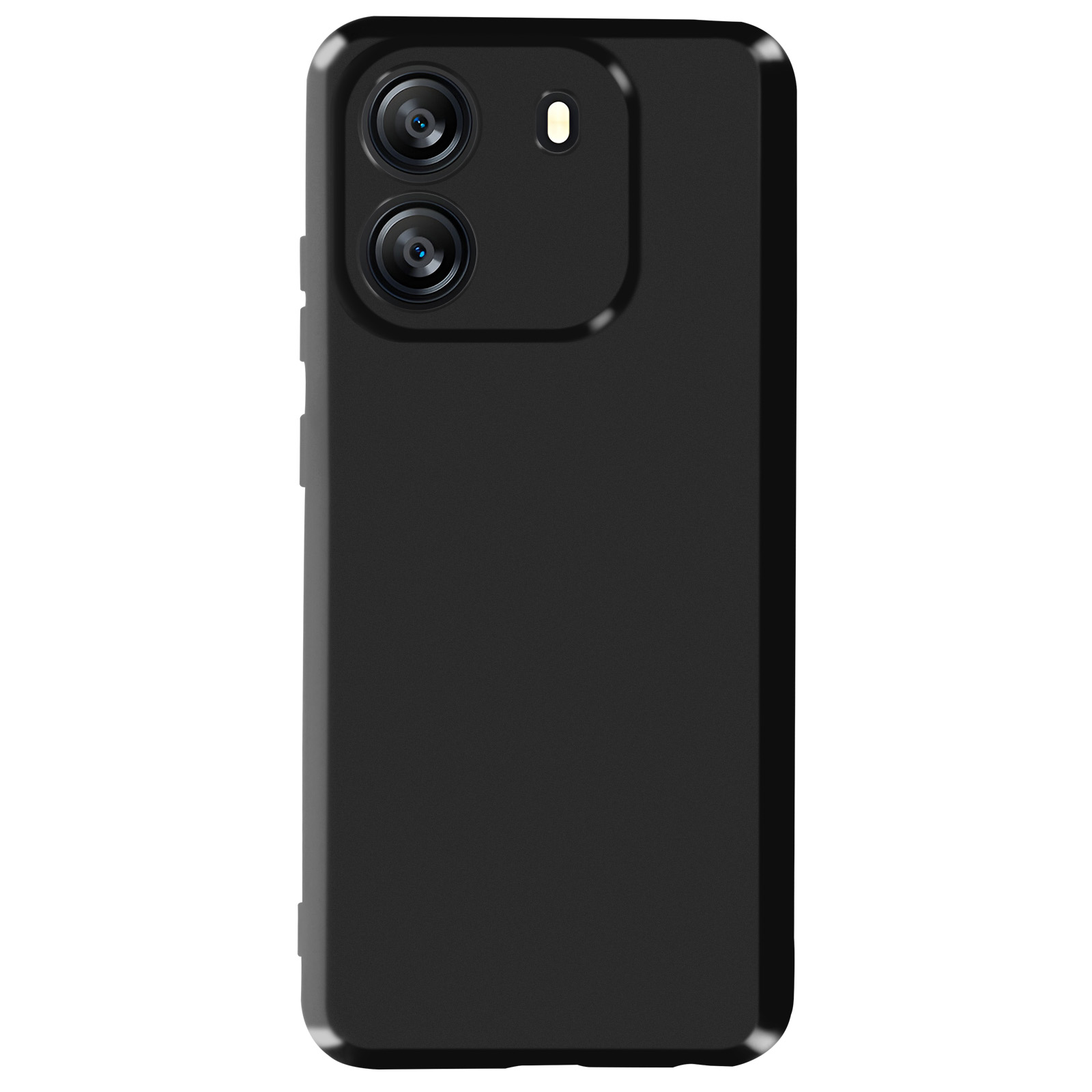 Una custodia nera per telefono con doppie fotocamere e flash. La parte posteriore del telefono è visibile.