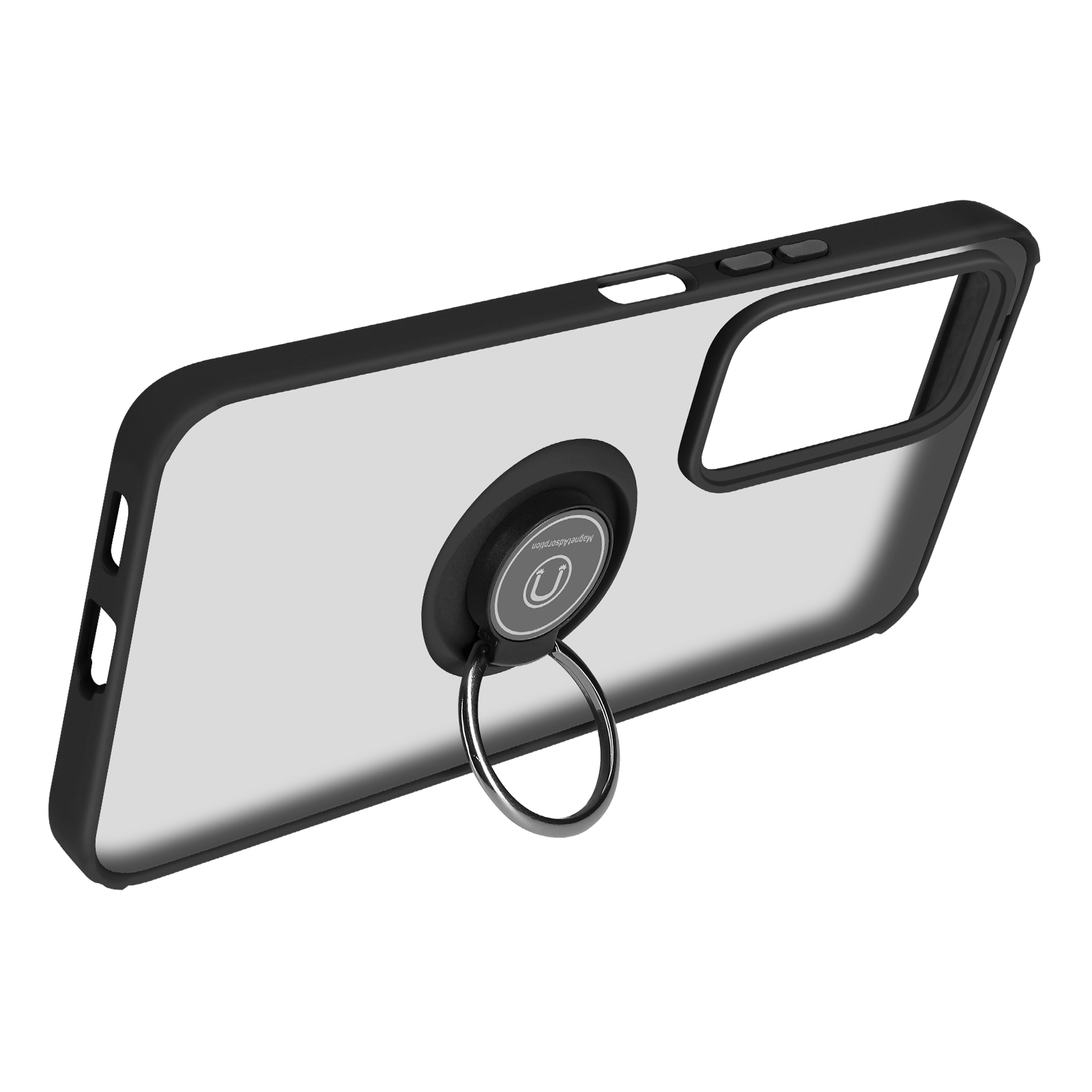 Schwarze und transparente Handyhülle mit Ringhalterung. Die Hülle ist angewinkelt, die Rückseite ist sichtbar.