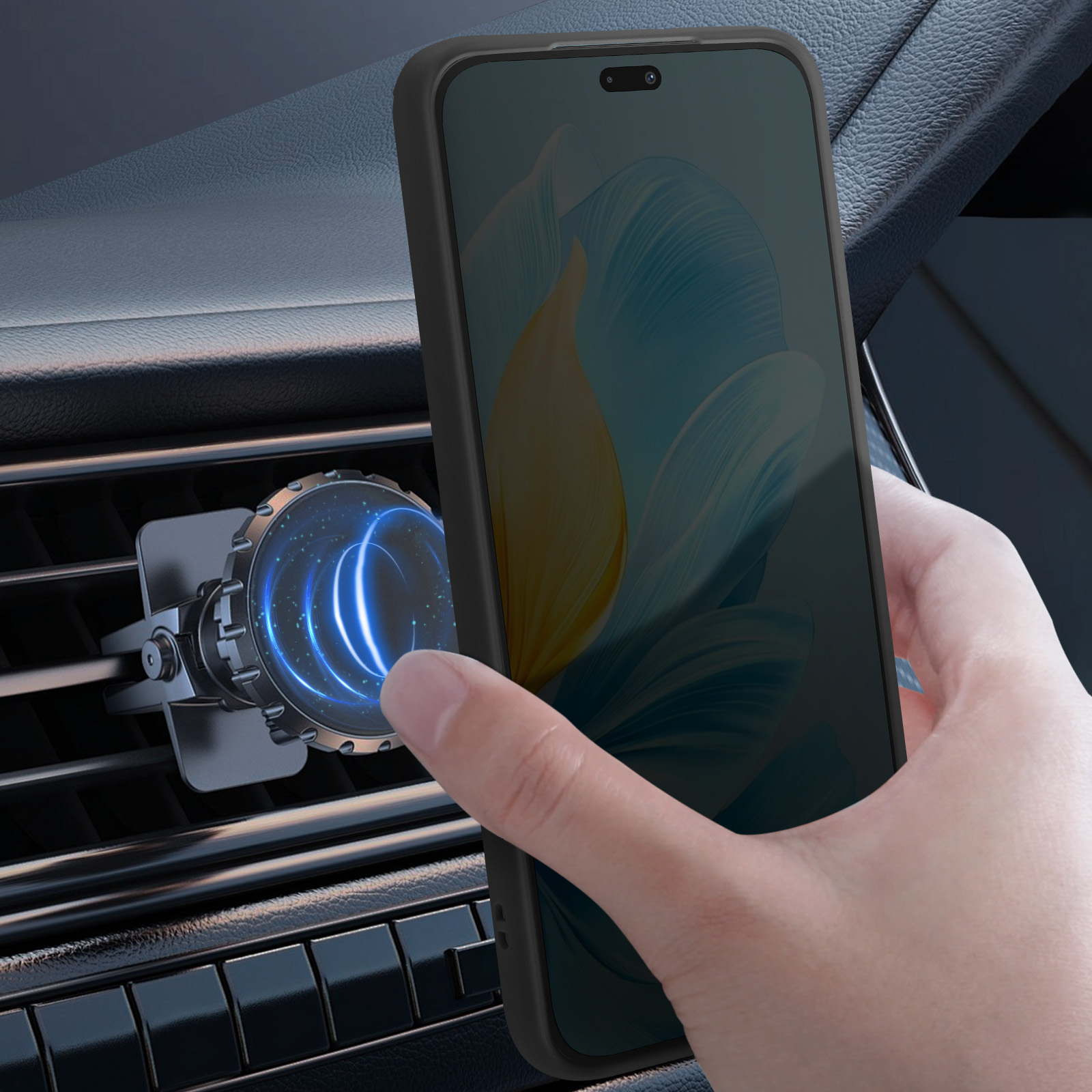 Ein Telefon wird vor einer Lüftungshalterung im Auto gehalten, mit blauem Licht sichtbar.