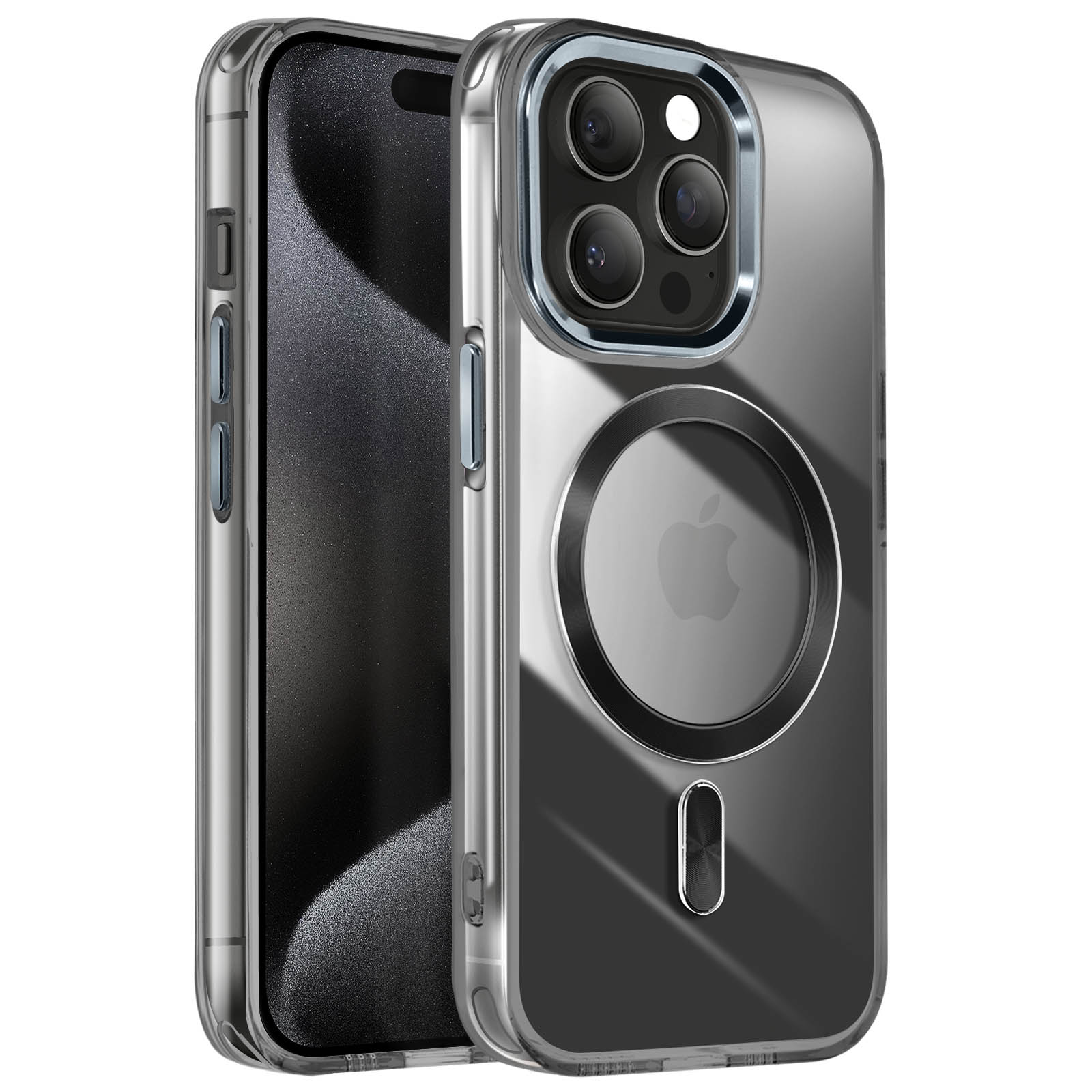 Una custodia trasparente con un telefono all'interno, che mostra il modulo fotocamera e il logo Apple.