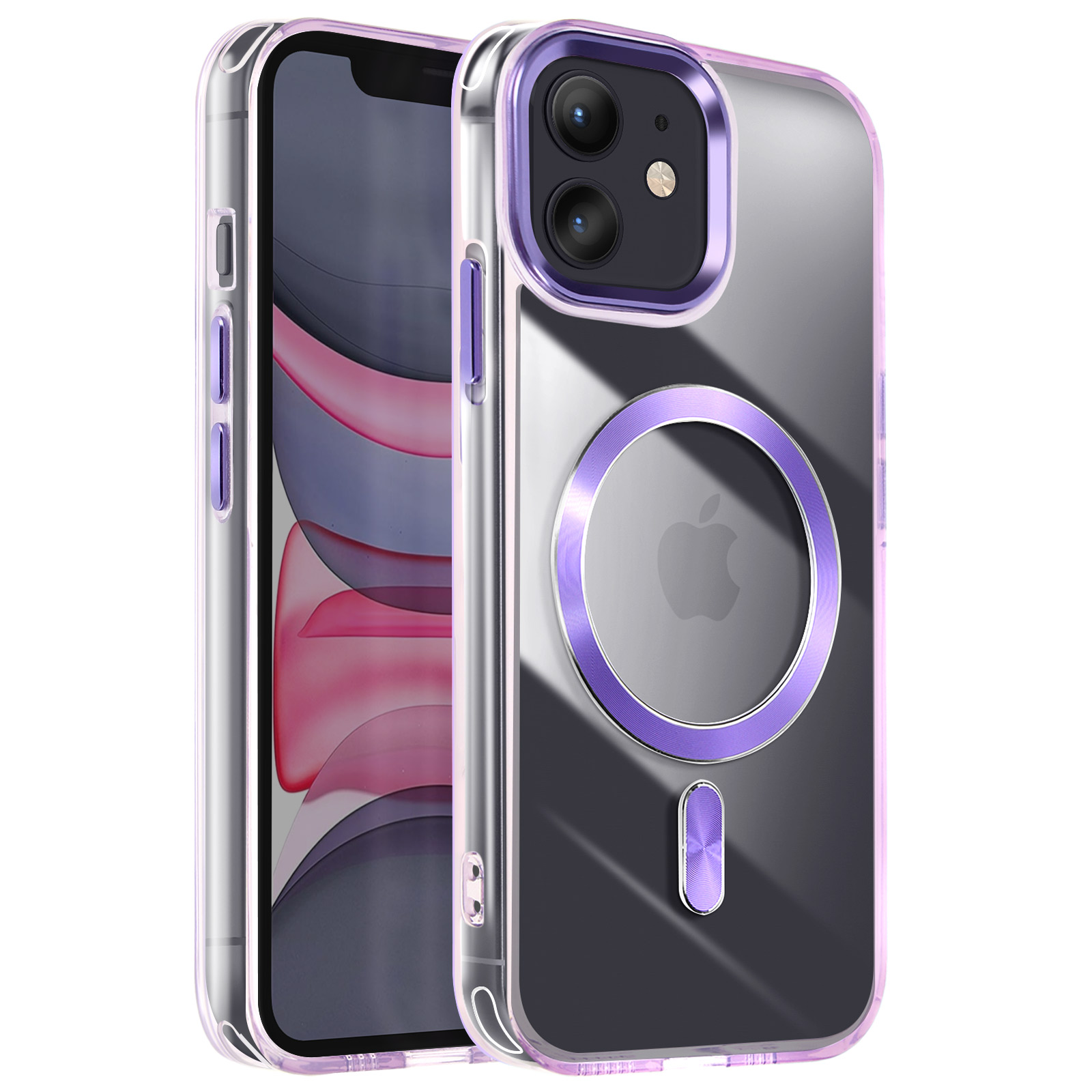 Custodia trasparente con anello viola e logo Apple. Su superficie bianca.