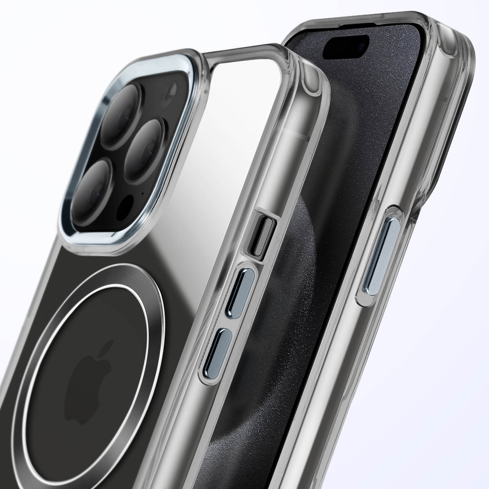 Telefono in custodia trasparente con lenti della fotocamera, pulsanti e anello MagSafe.