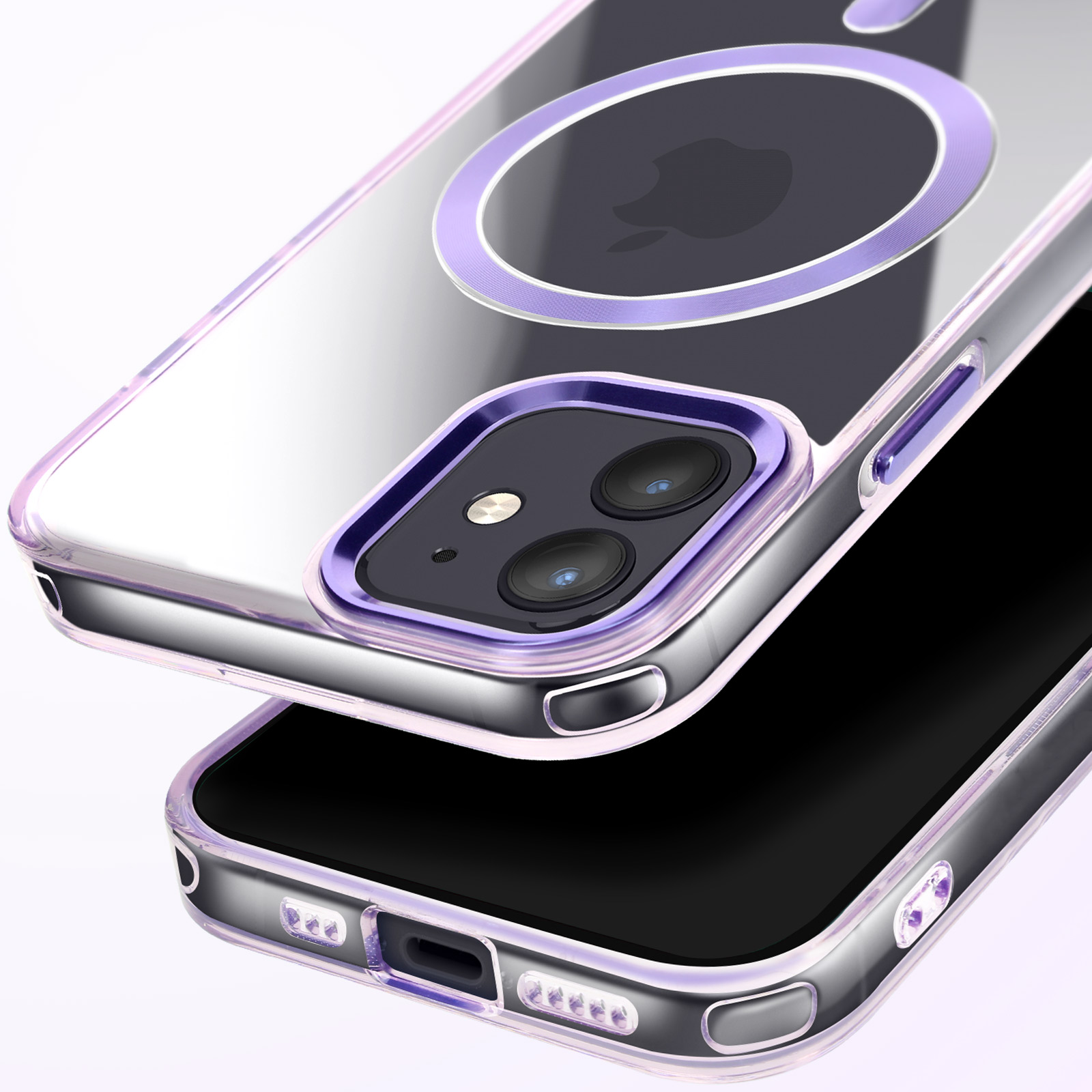 Custodia trasparente con telefono nero all'interno. La custodia ha un anello viola. Telefono su sfondo bianco.