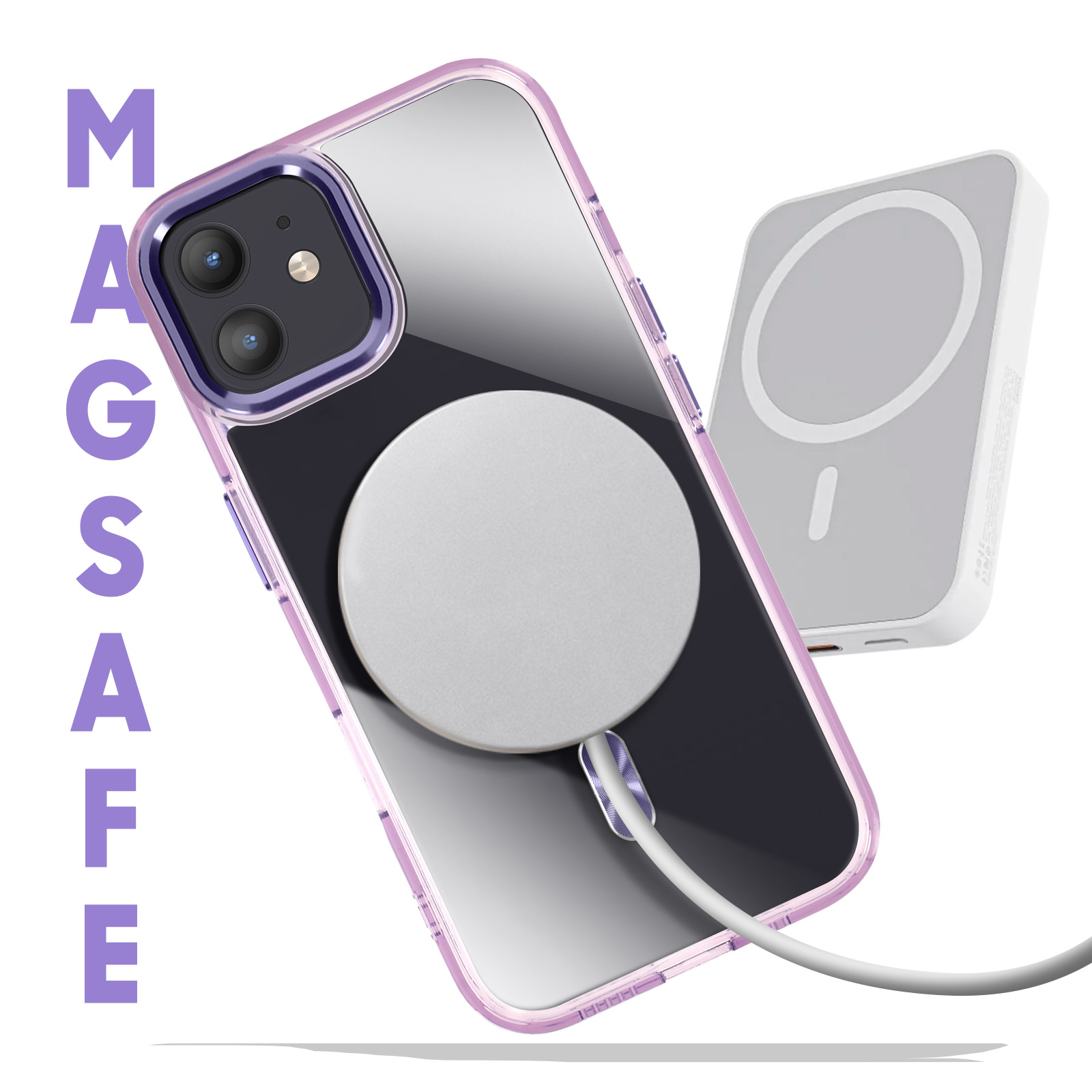 Custodia per telefono con cornice viola. Un cerchio bianco sul retro, con un caricatore collegato. Testo: MAGSAFE.