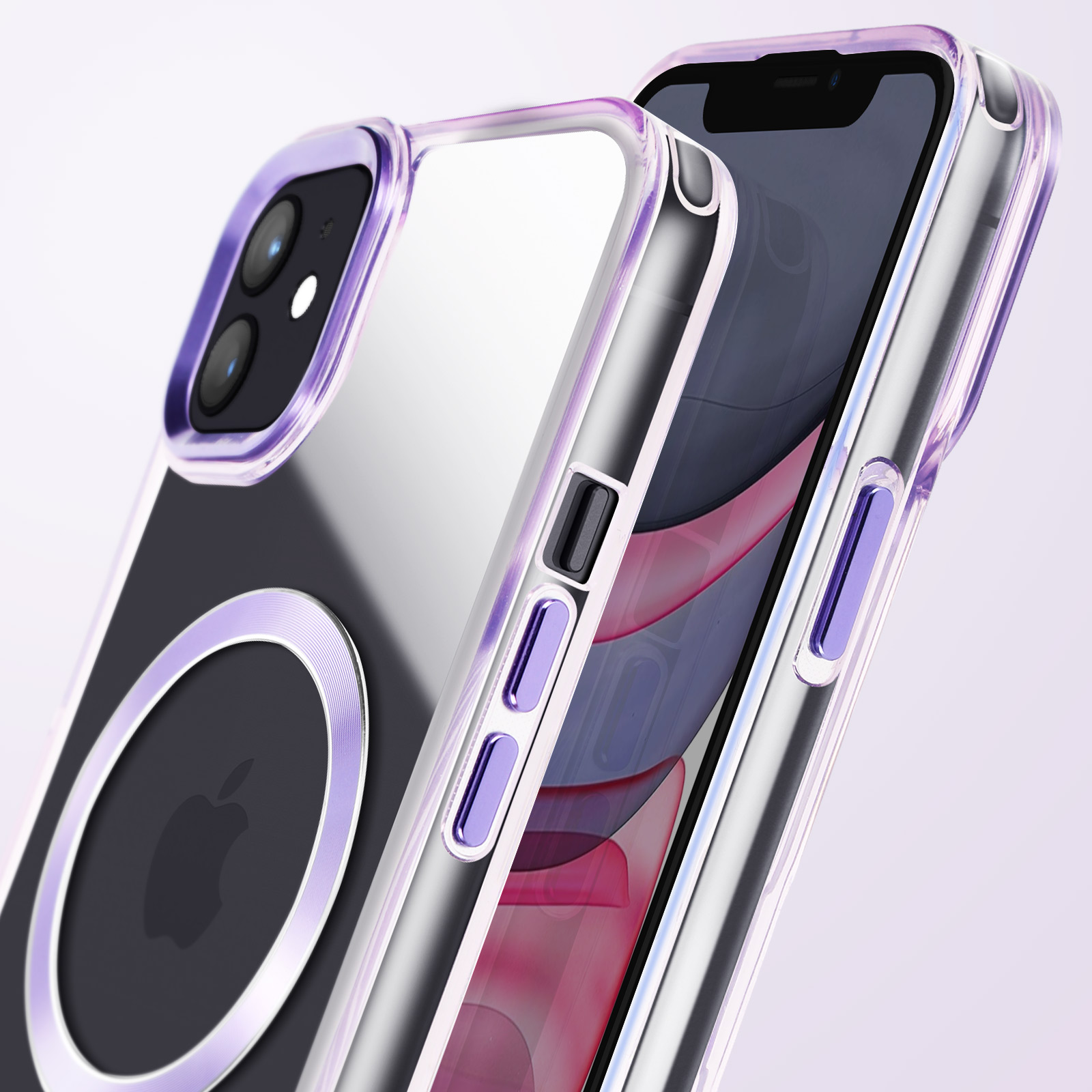 Custodia per telefono con bordi viola e logo Apple nero. Custodia parzialmente aperta. Telefono visibile all'interno.