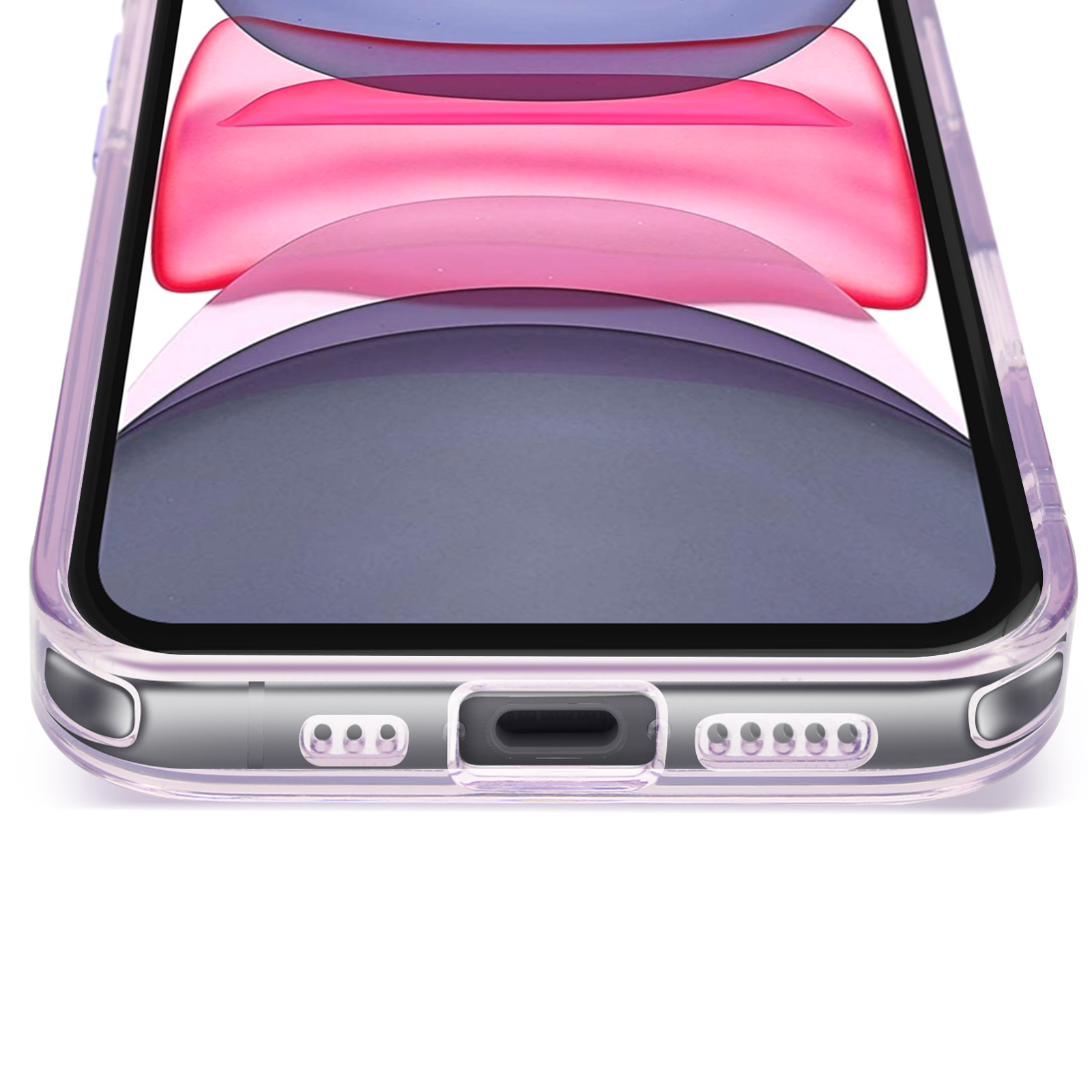 Custodia trasparente con telefono sfumato rosa-viola.