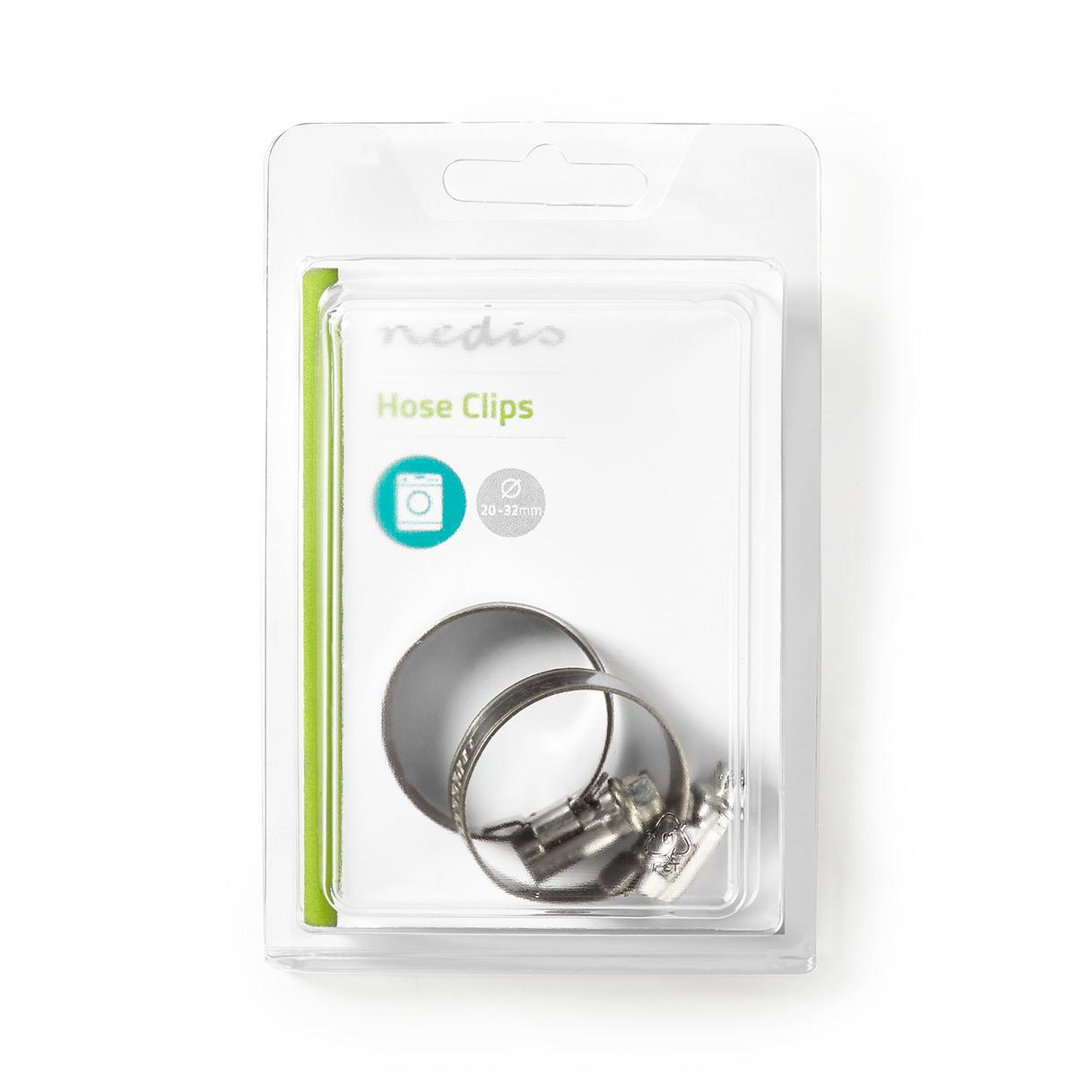 Hose clamps in a clear plastic package. White background.