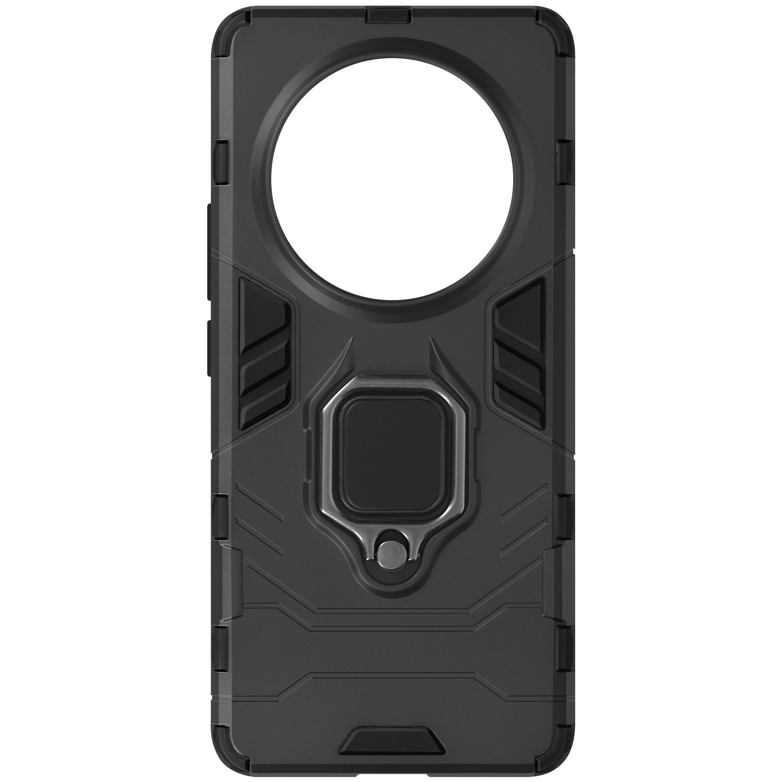 Custodia nera con supporto ad anello e ritaglio per fotocamera, con sezione rotonda.