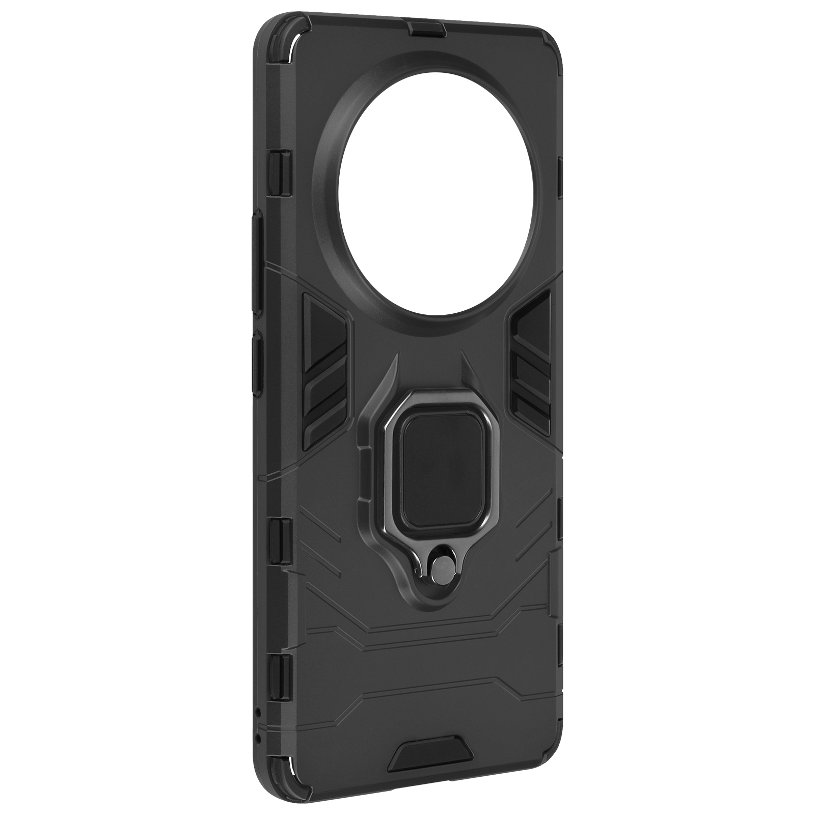 Una custodia per telefono nera con un porta anello. La custodia ha un design robusto. Lo sfondo è bianco.