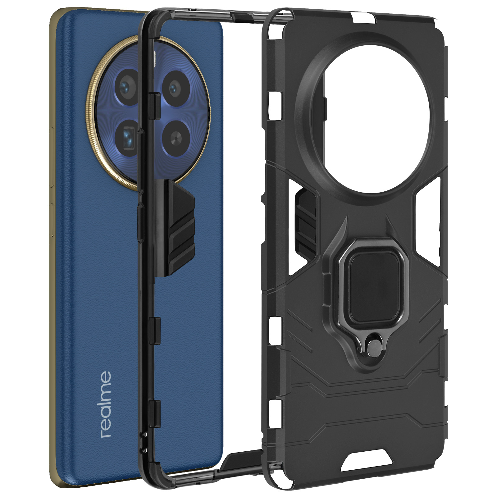 Una custodia per telefono con supporto ad anello, nera e blu, aperta per mostrare il retro del telefono.