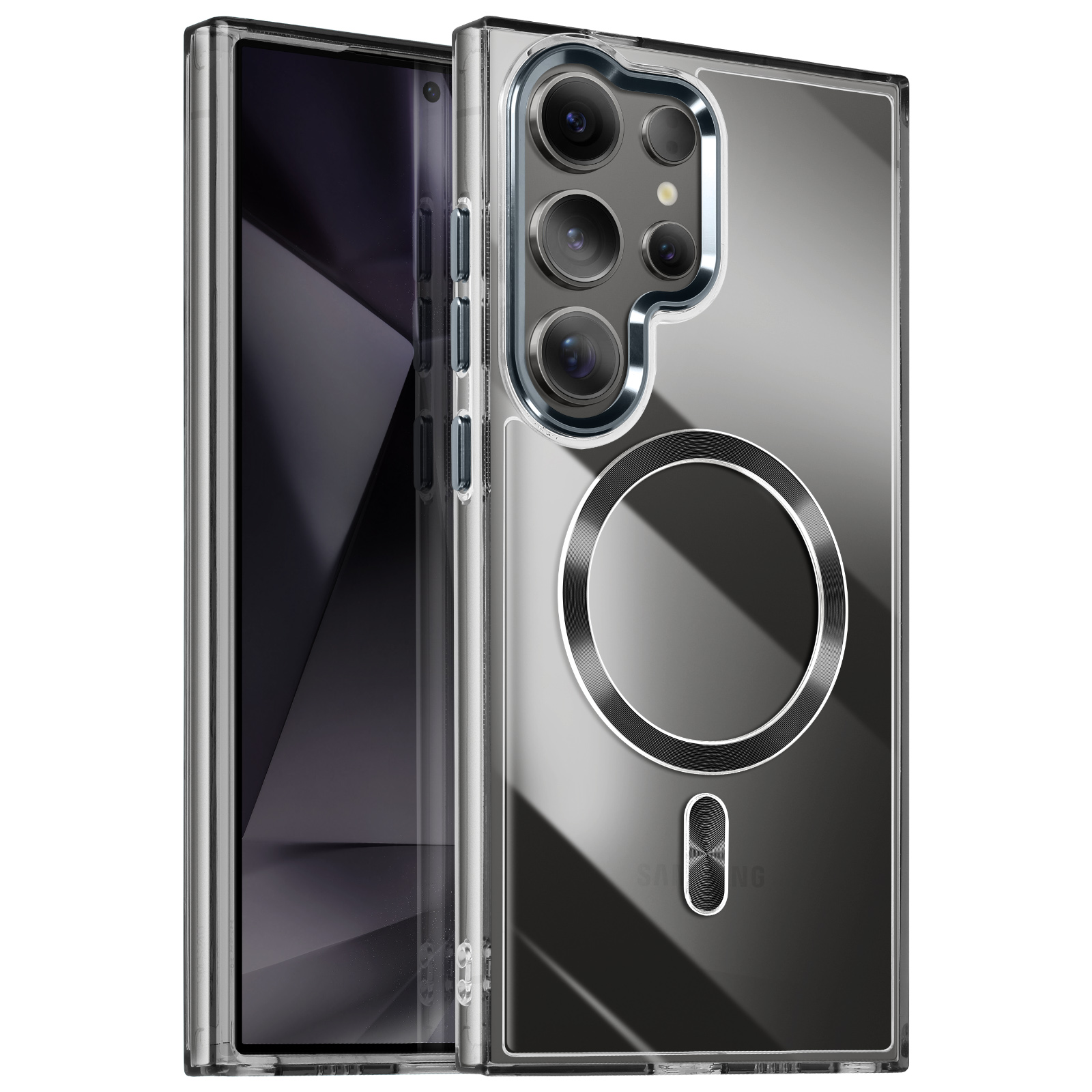 Una custodia trasparente su un telefono. La custodia ha un anello magnetico sul retro.
