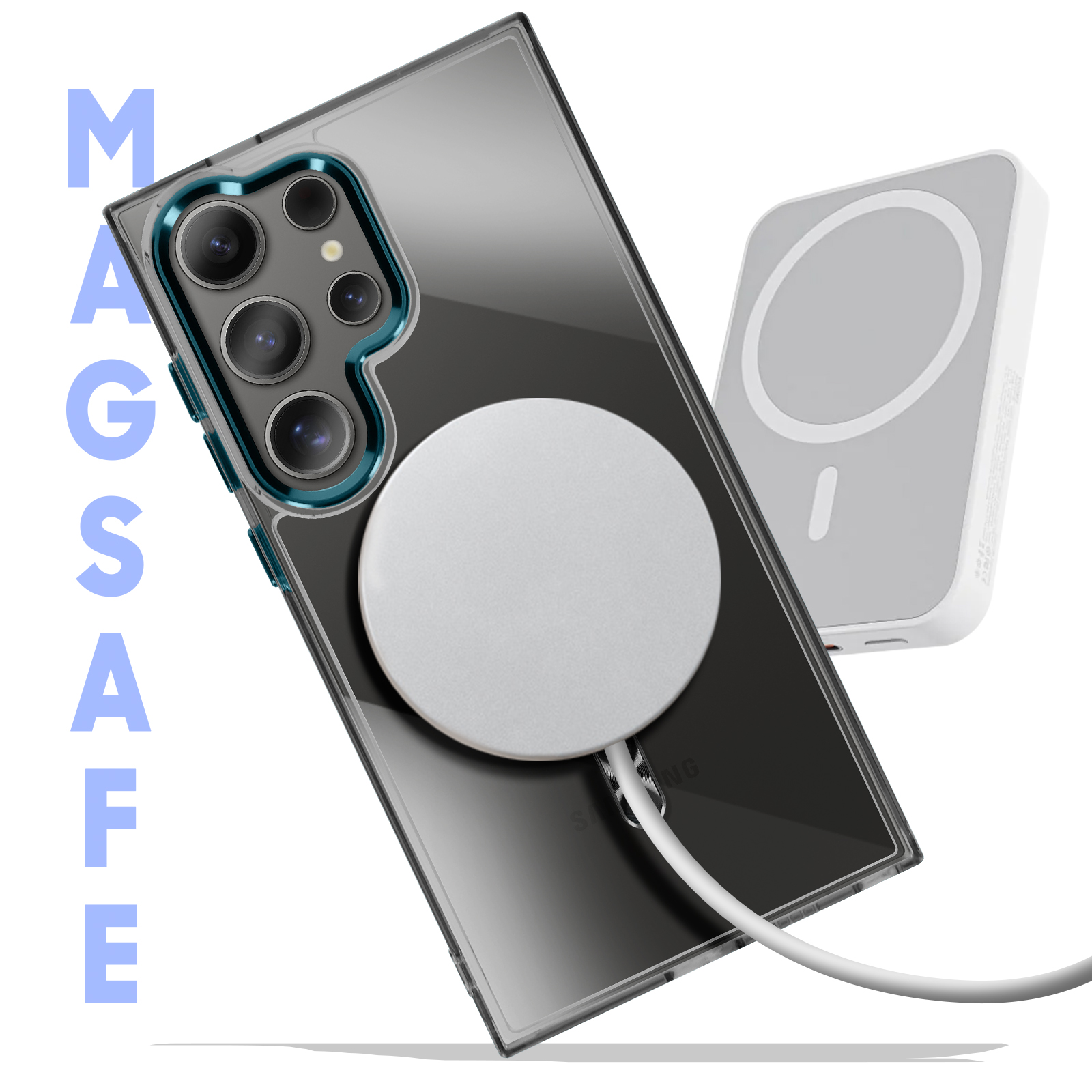 Telefono con custodia e caricatore wireless. Testo sulla custodia: MAGSAFE. Sfondo bianco.