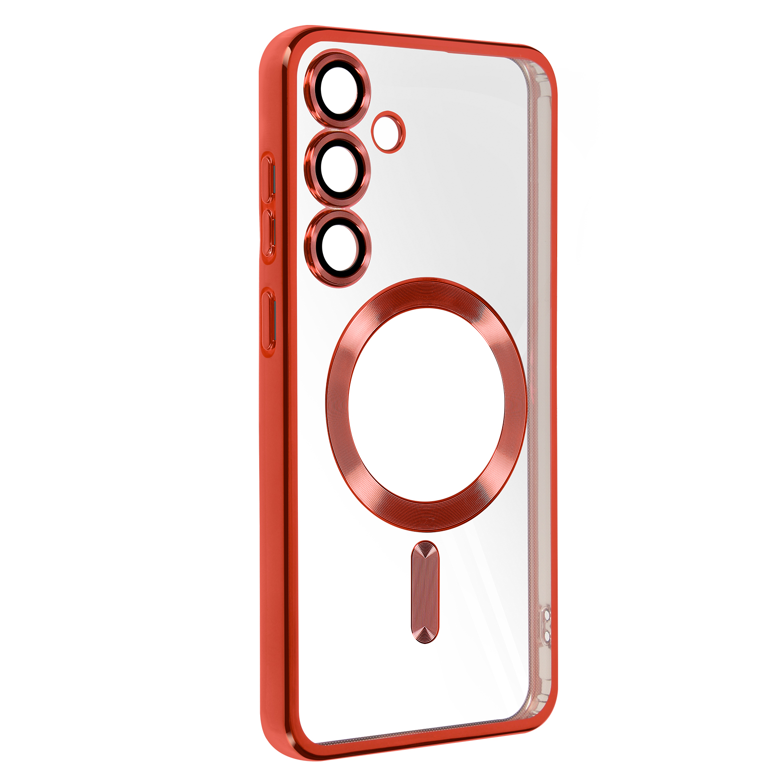 Custodia trasparente rossa per telefono. La custodia ha un bordo rosso e un anello magnetico. Il retro del telefono è visibile.