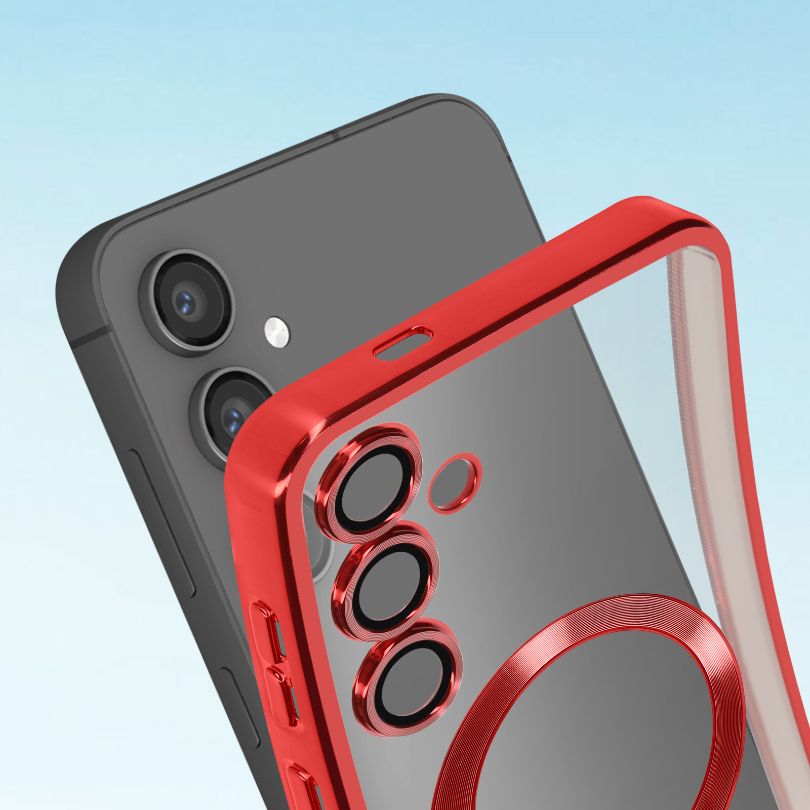 Custodia per telefono con cornice e area fotocamera rosse. Il retro è trasparente. Un telefono è visibile all'interno.
