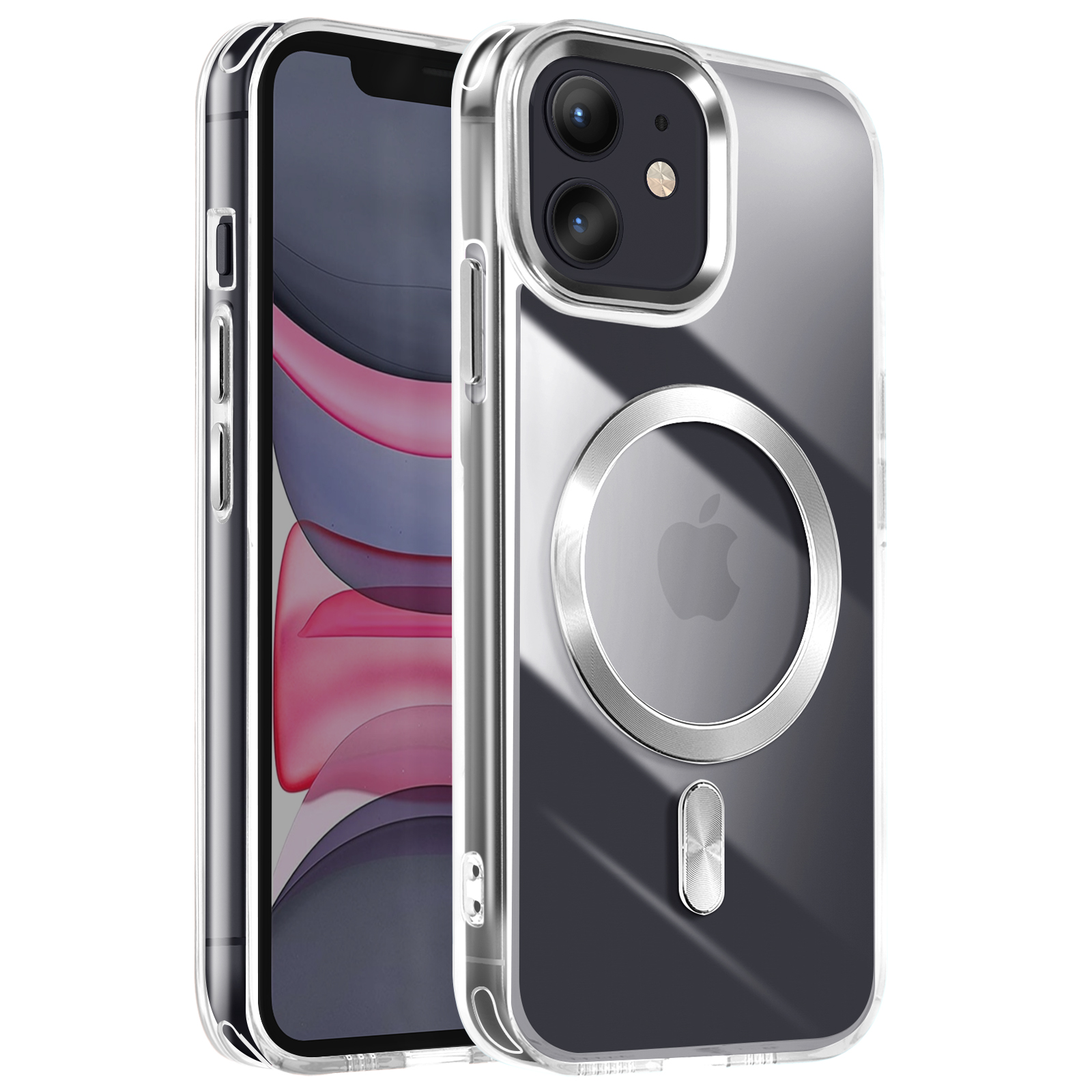 Custodia trasparente per telefono su una superficie bianca. La custodia mostra un logo Apple, un ritaglio per la fotocamera e un anello magnetico.