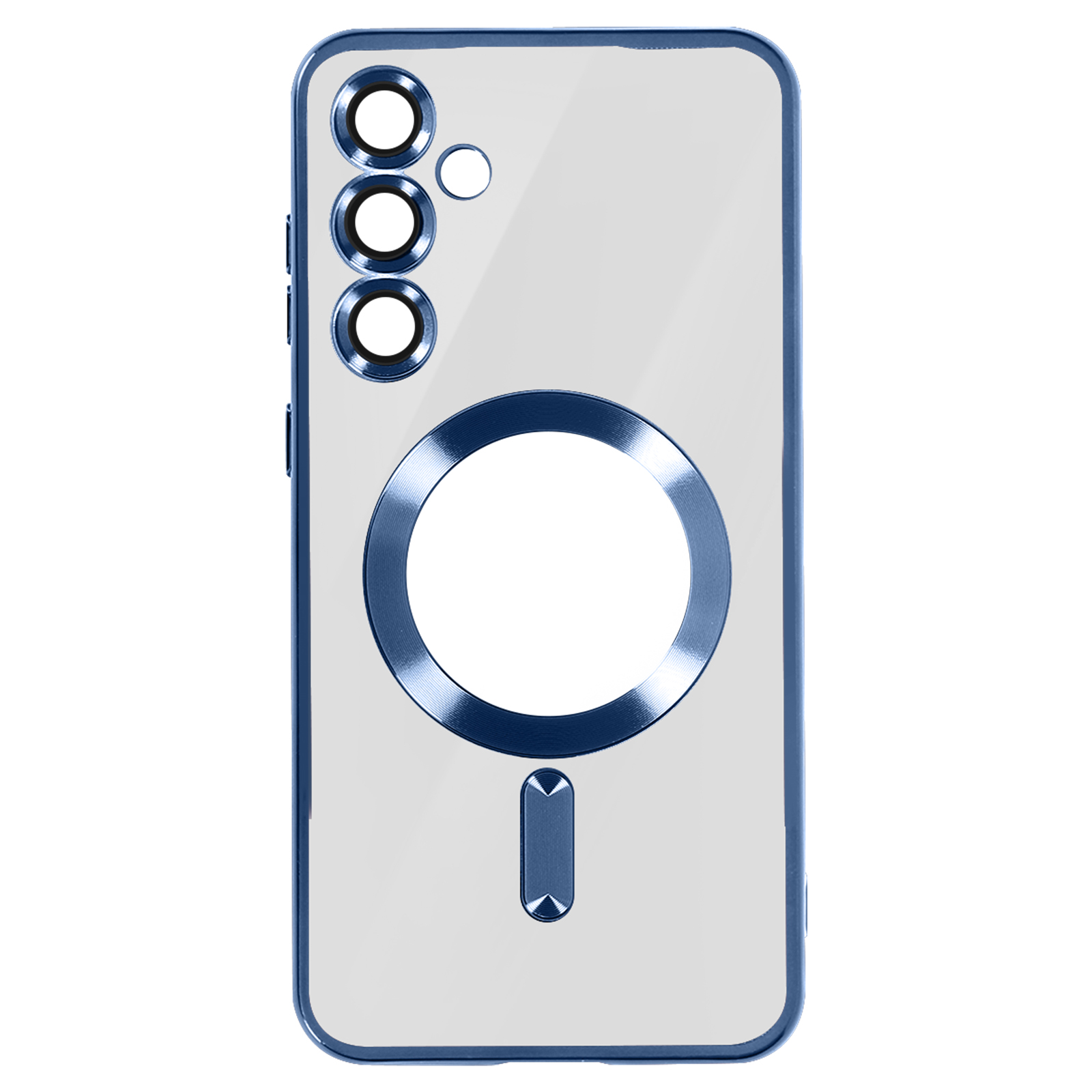 Una custodia blu per telefono con retro trasparente. C'è un anello blu e un pulsante blu.