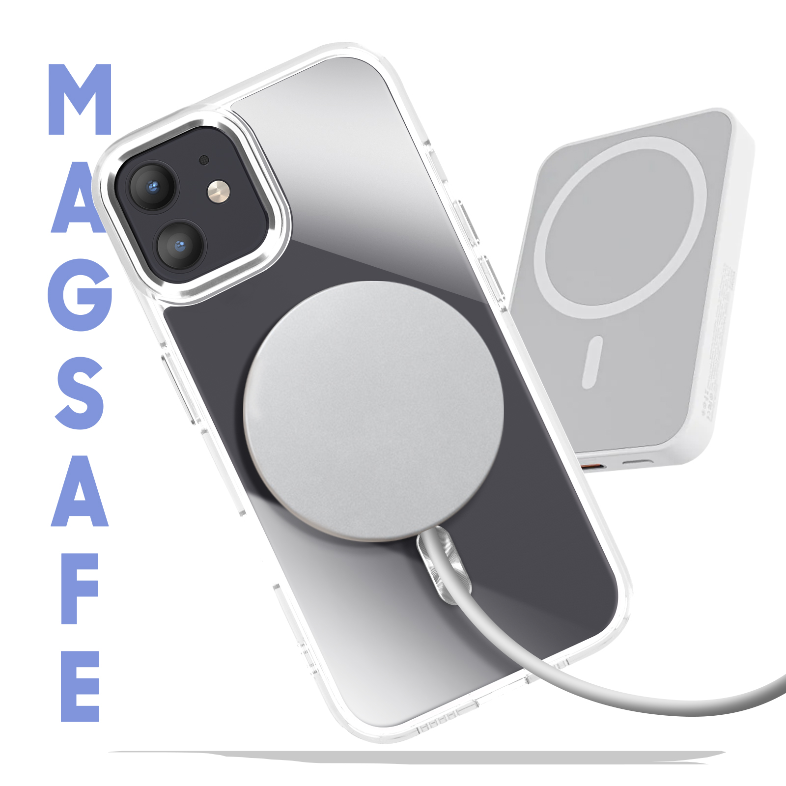 Custodia trasparente per telefono su un telefono con un tappetino di ricarica wireless, con la parola Magsafe.