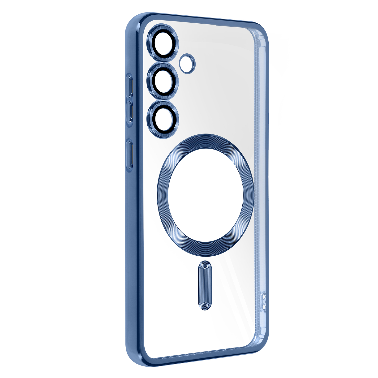 Custodia blu con retro trasparente e cornice blu.
